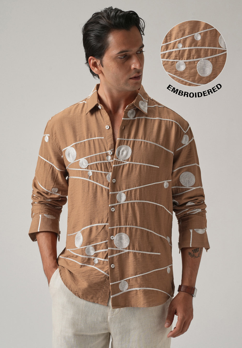 Brown Orb and Line Embroidery Shirt