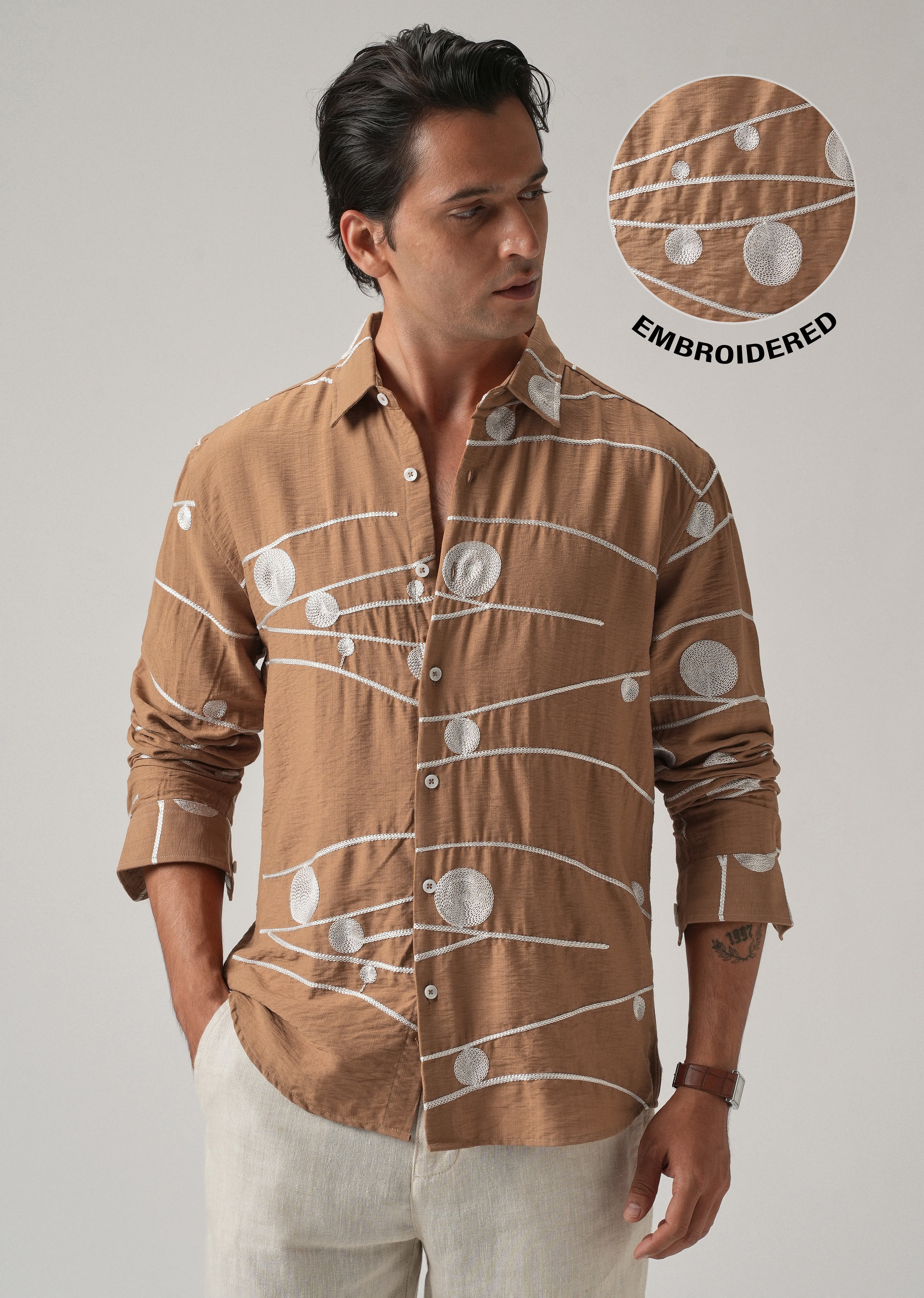 Brown Orb and Line Embroidery Shirt