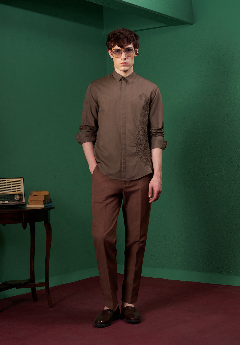 Brown Paisley Embroidered Linen Shirt
