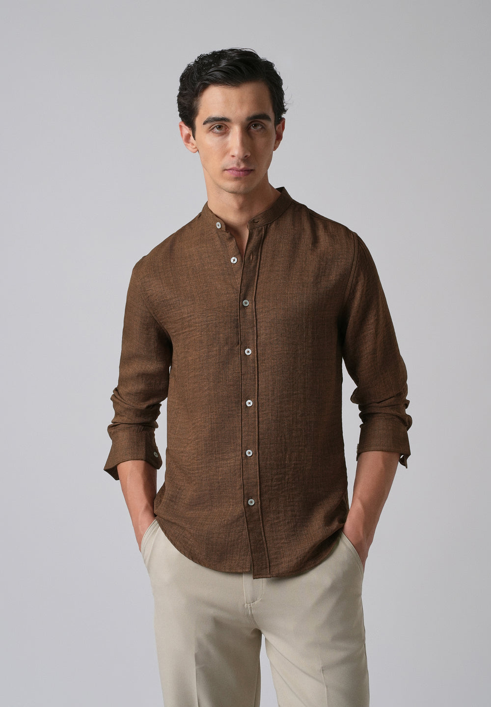 Brown Plain Mandarin Collar Shirt