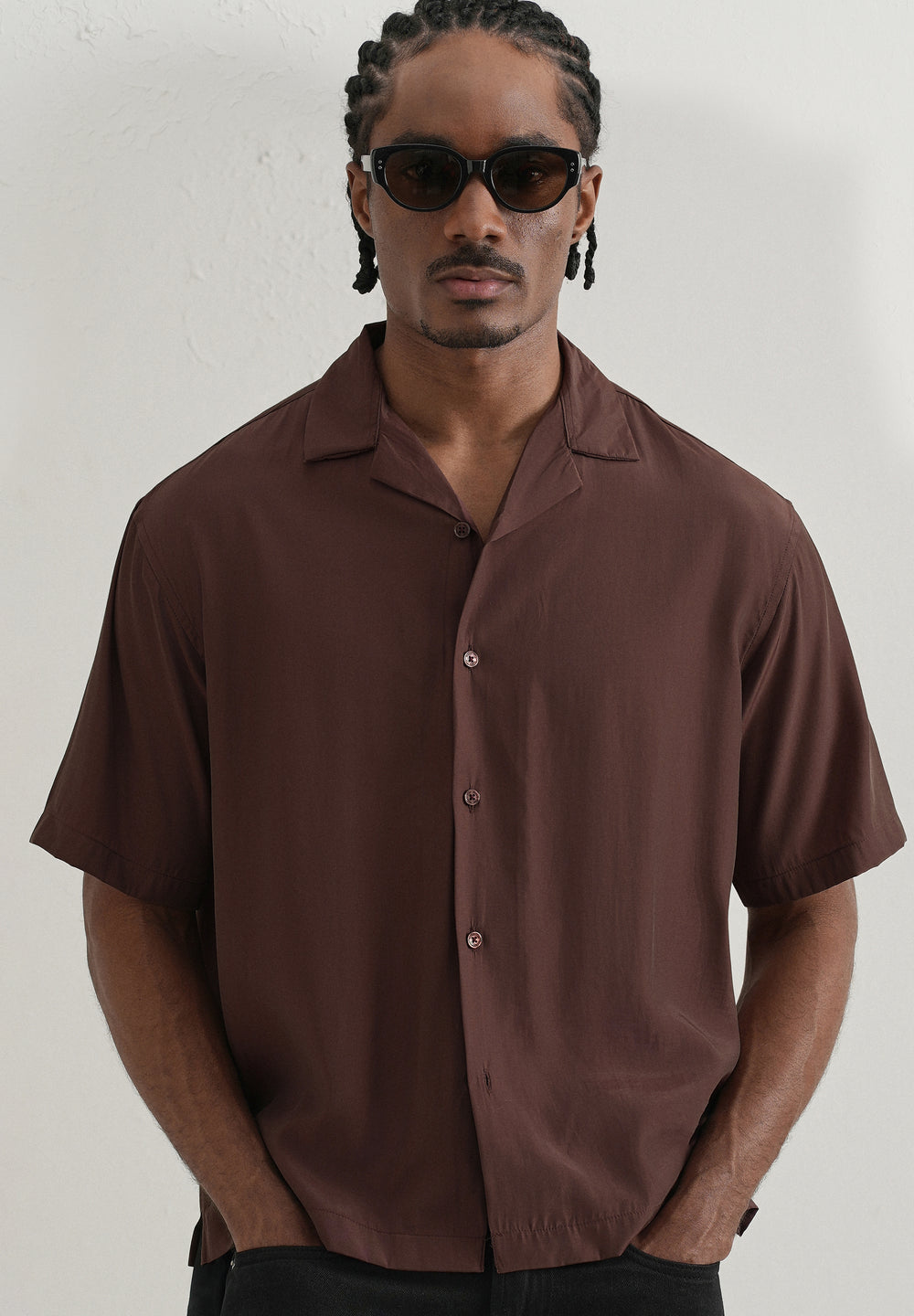 Brown Plain Sheen Cuban Collar Shirt