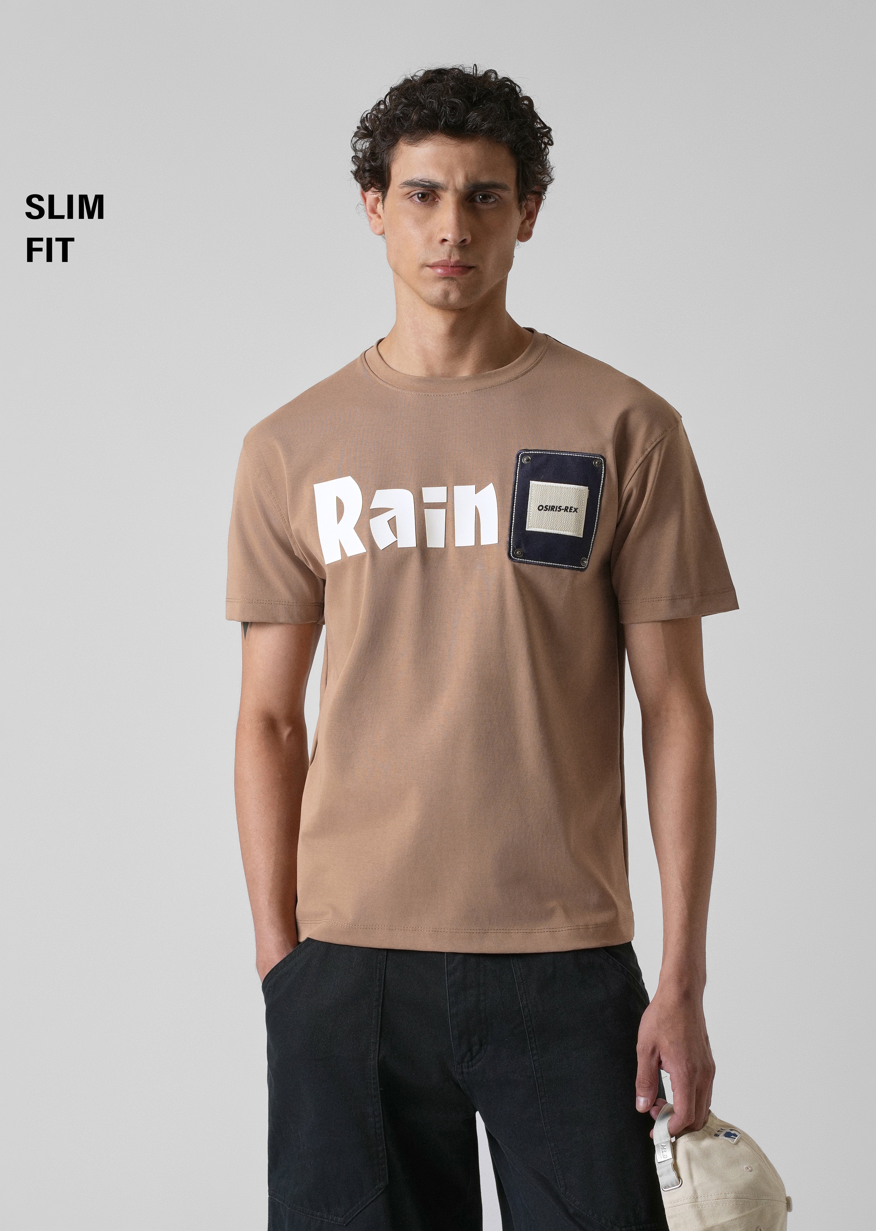 Brown Printed Patch Slim Fit T-shirt