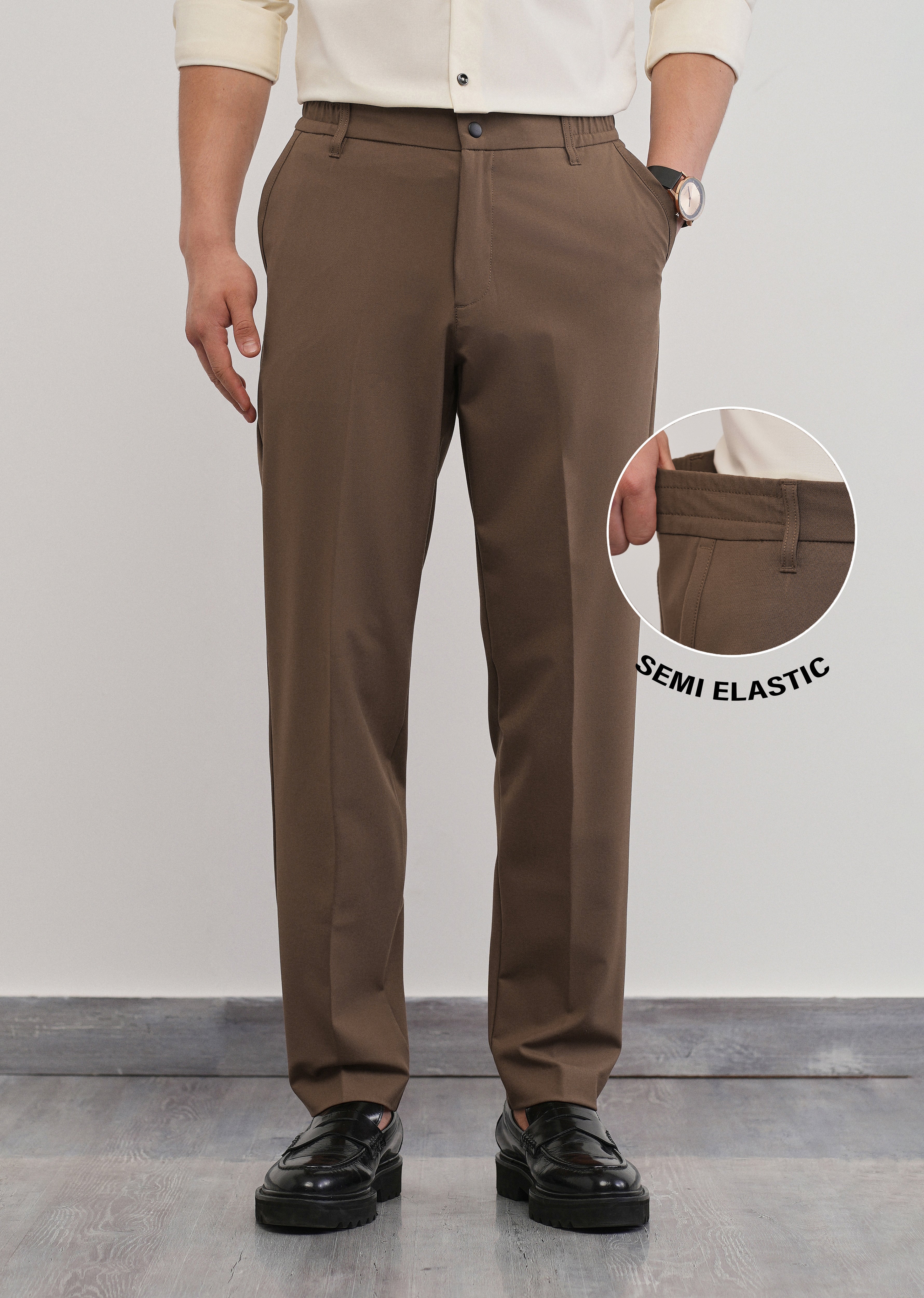 Brown Semi-Elastic Slim Fit Trouser