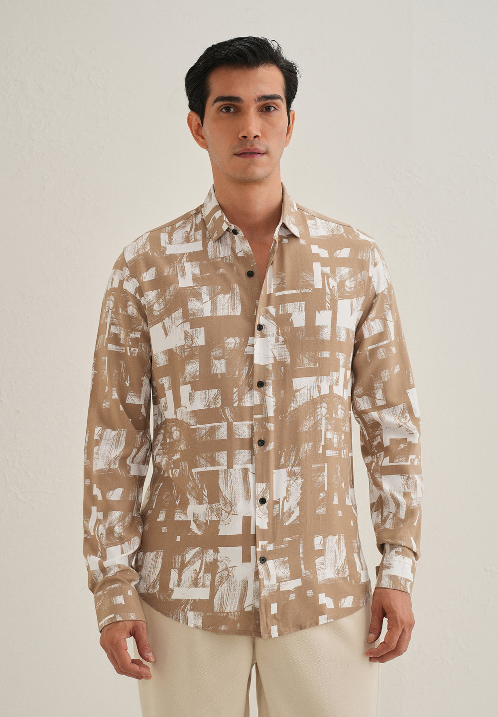 Brown White Abstract Printed Shirt