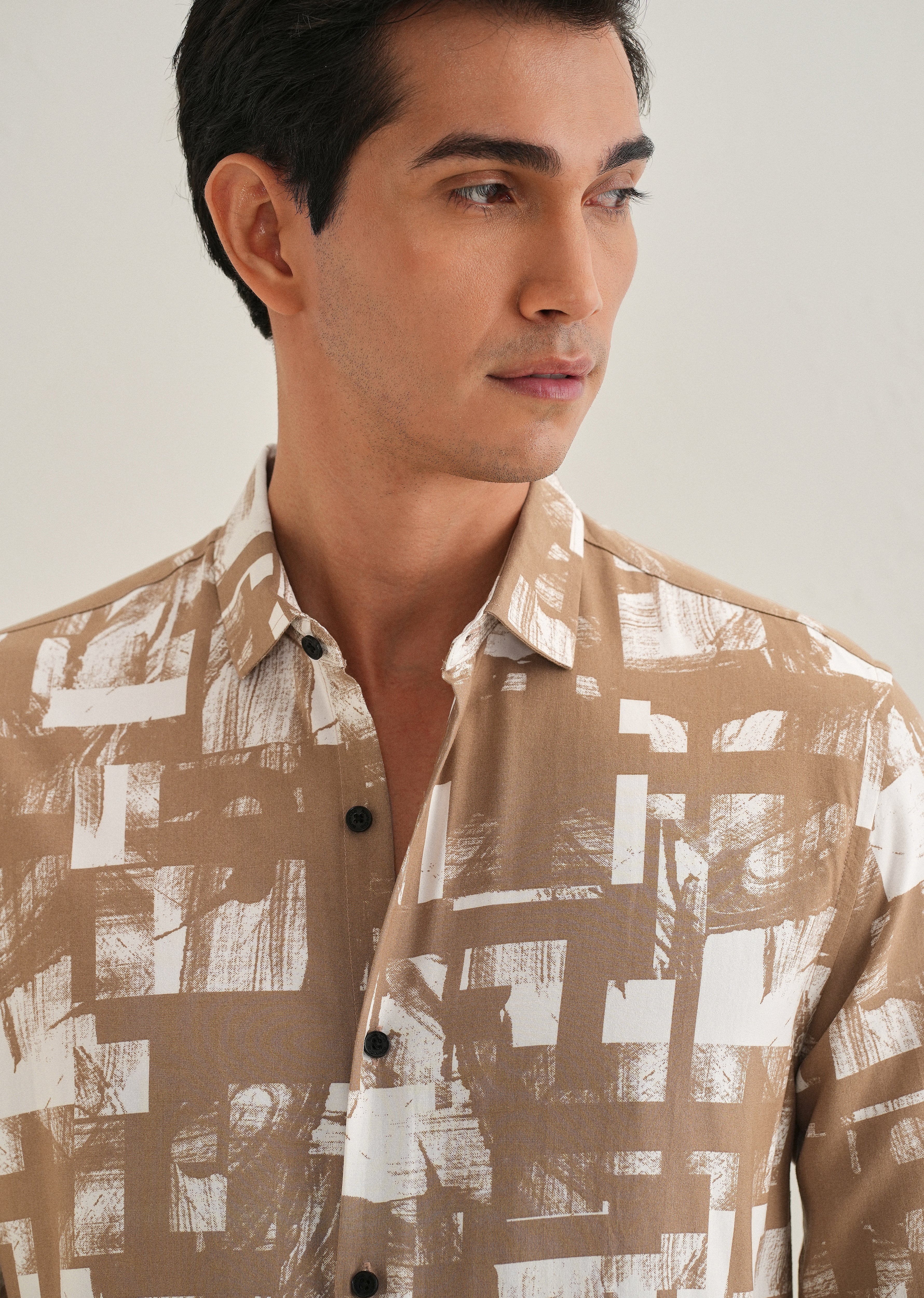 Brown White Abstract Printed Shirt