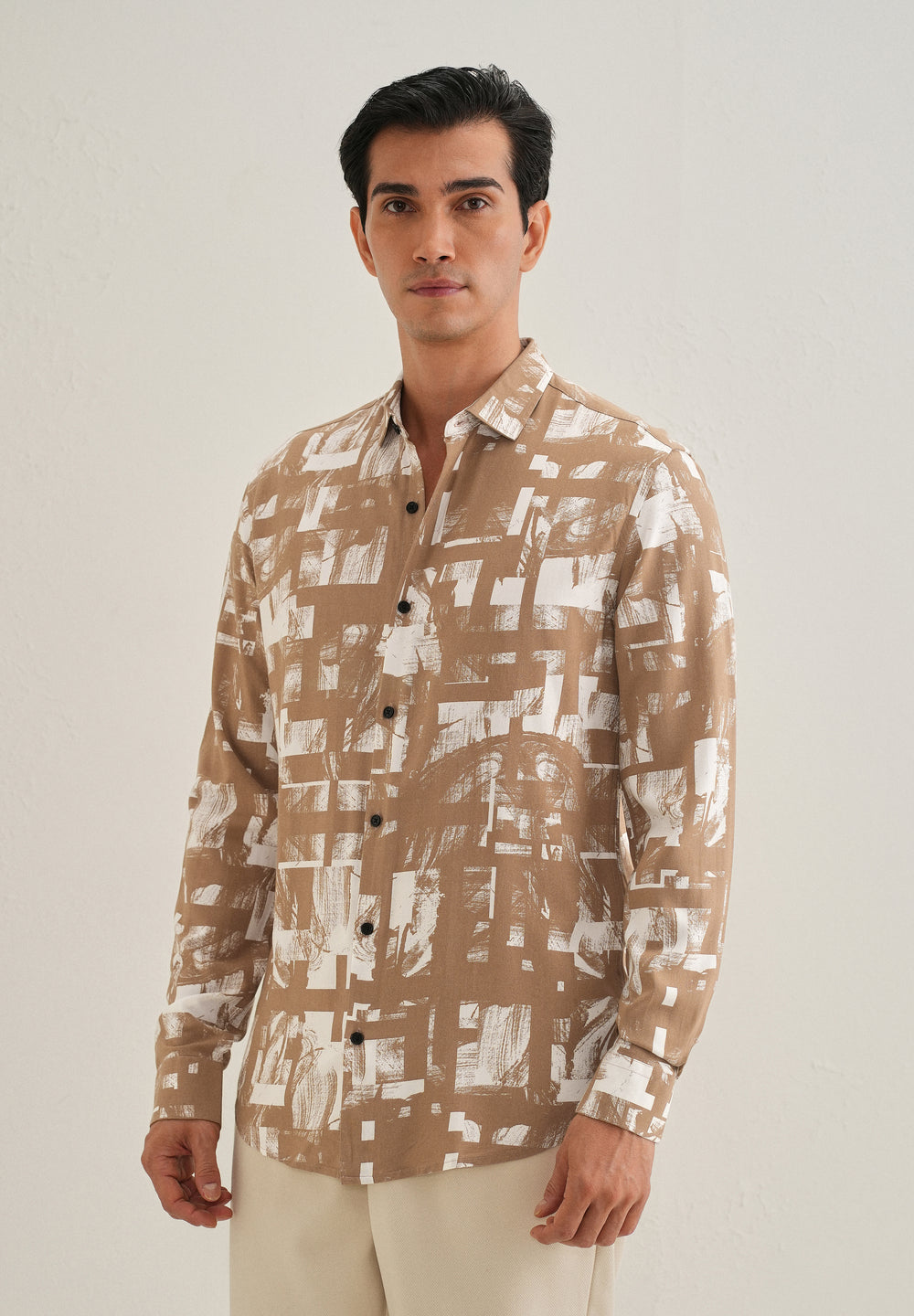 Brown White Abstract Printed Shirt