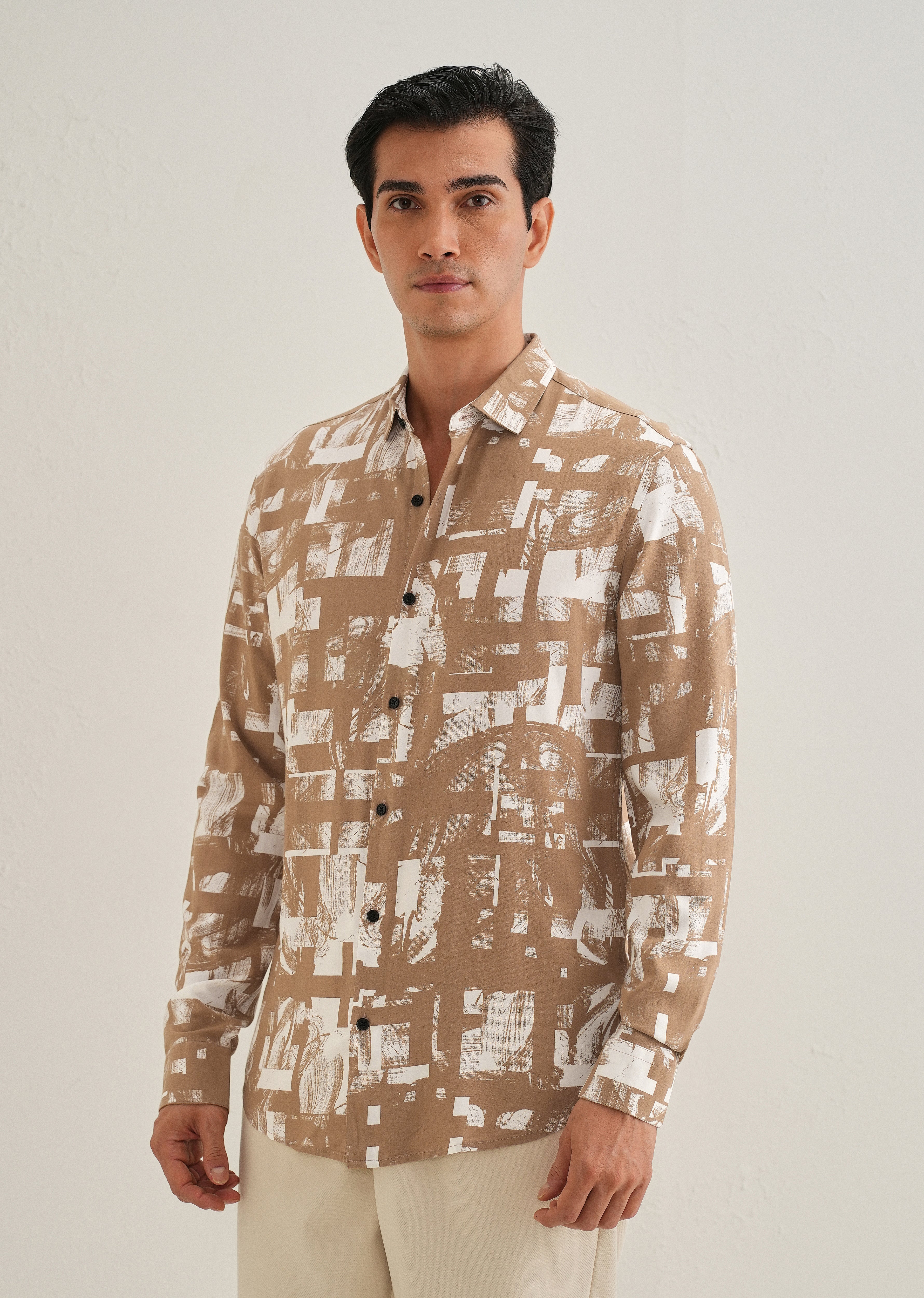 Brown White Abstract Printed Shirt