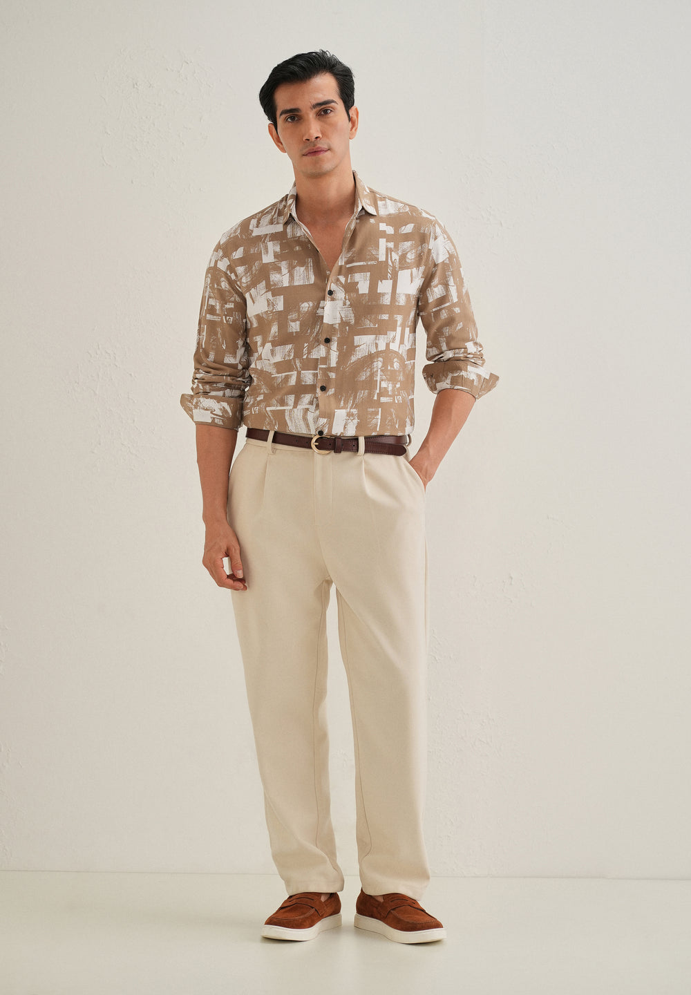Brown White Abstract Printed Shirt