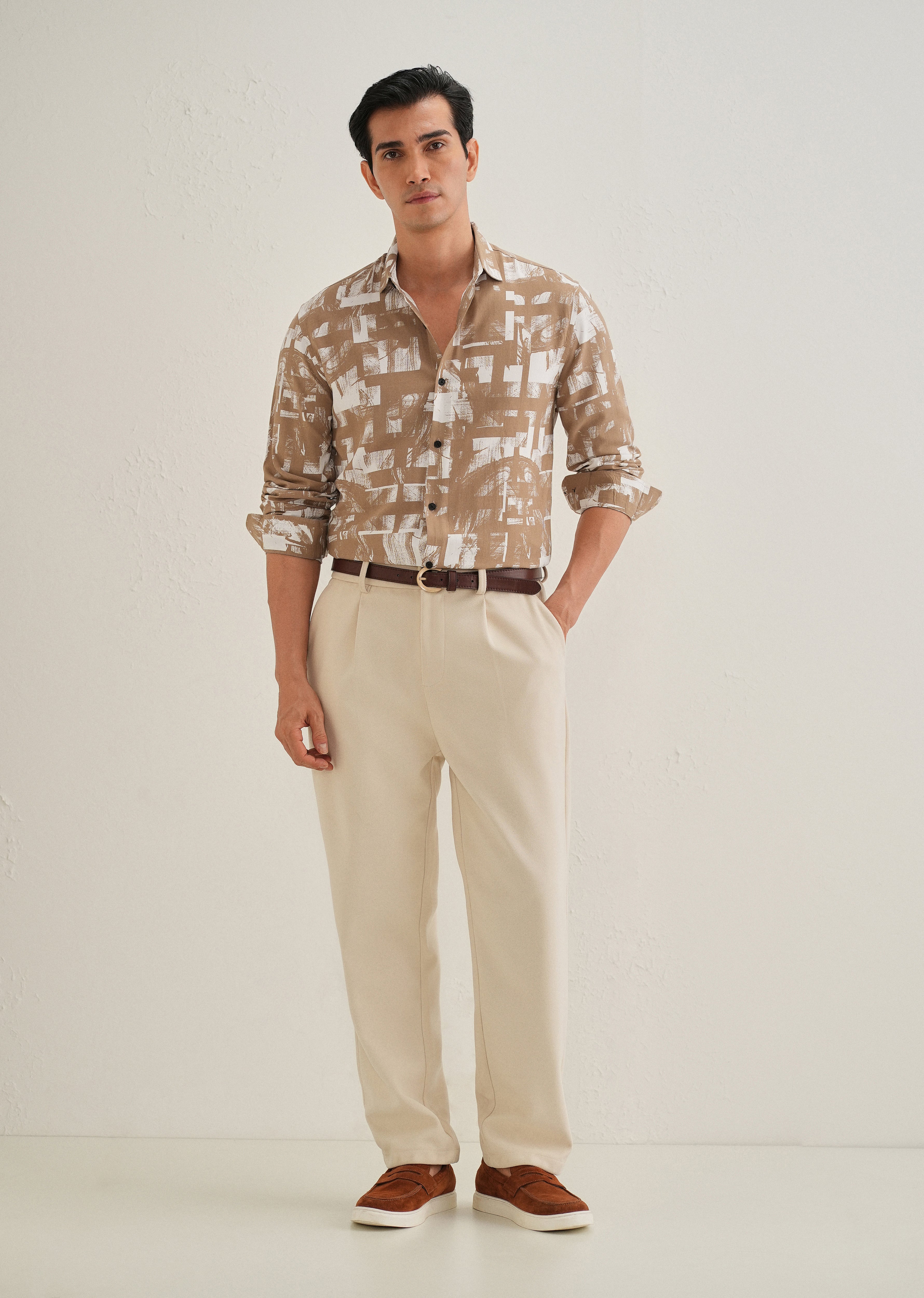 Brown White Abstract Printed Shirt