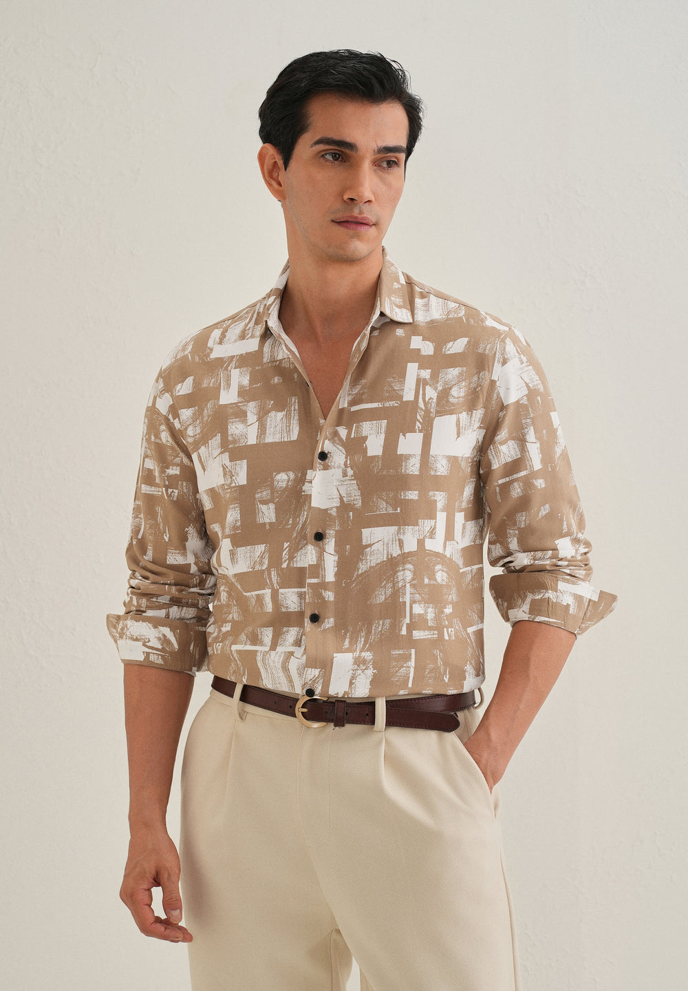 Brown White Abstract Printed Shirt