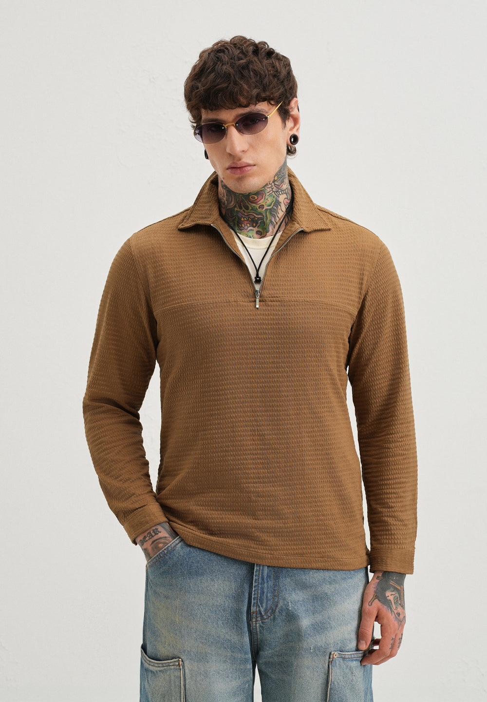 Brown Zipper Polo Knit T-shirt