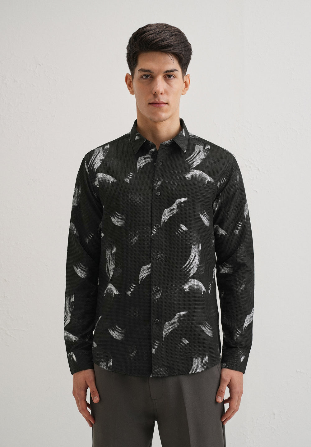 Brush Stroke Waffle Dobby Black Shirt