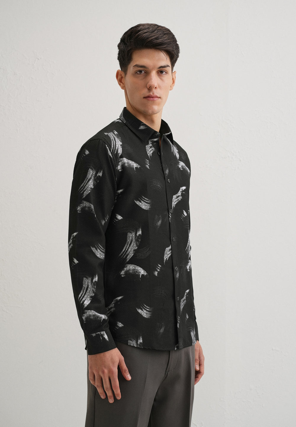 Brush Stroke Waffle Dobby Black Shirt