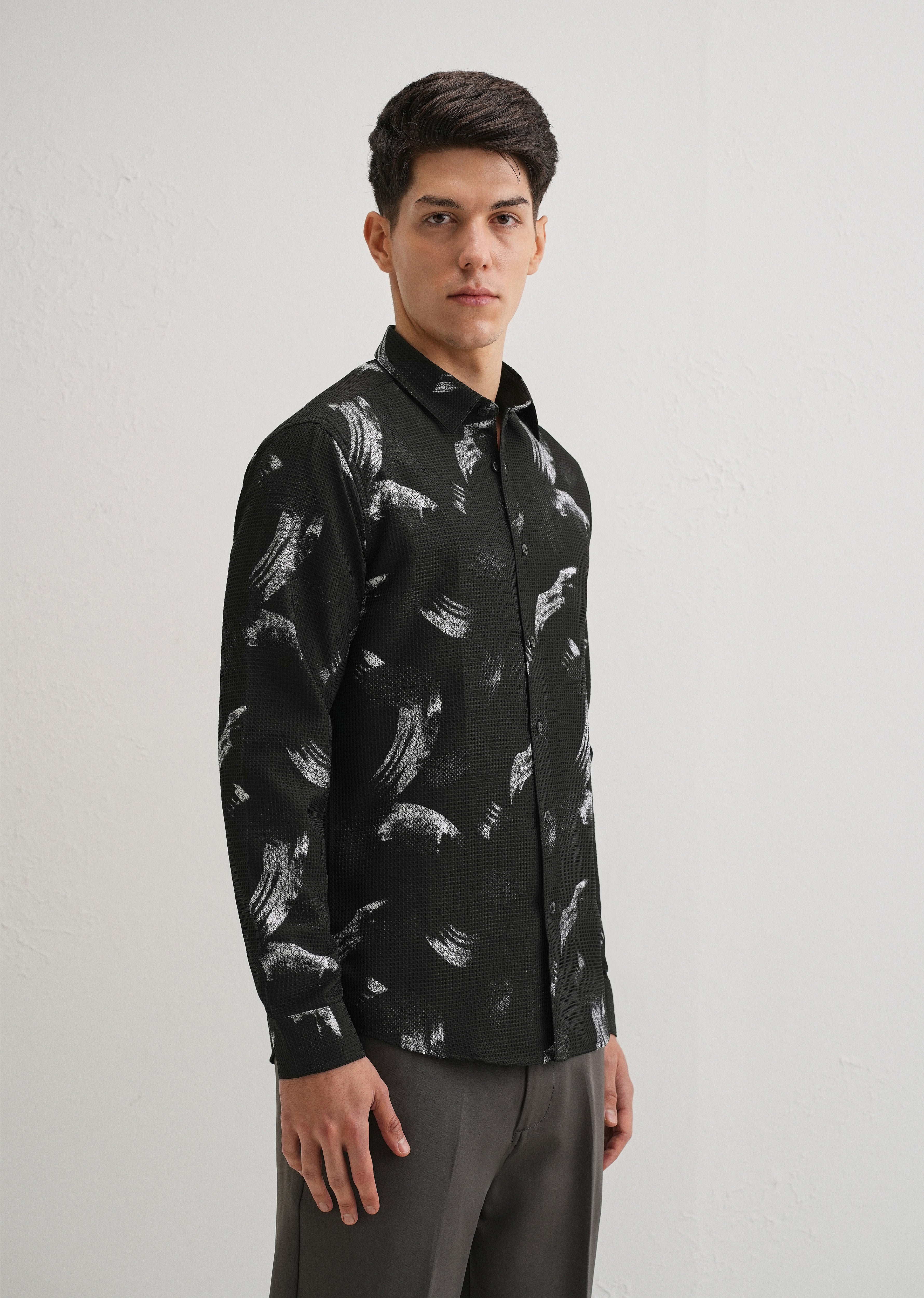 Brush Stroke Waffle Dobby Black Shirt