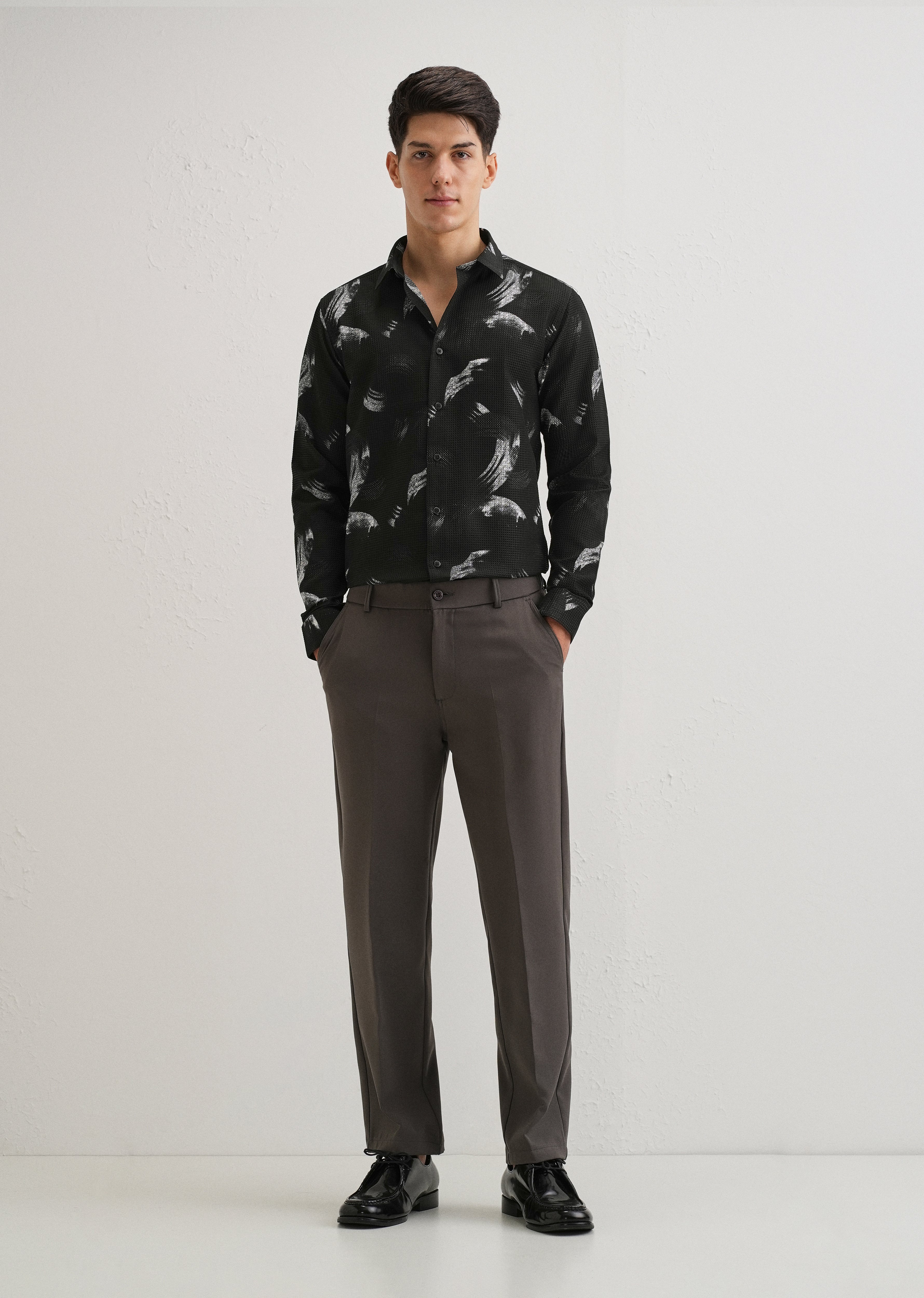 Brush Stroke Waffle Dobby Black Shirt