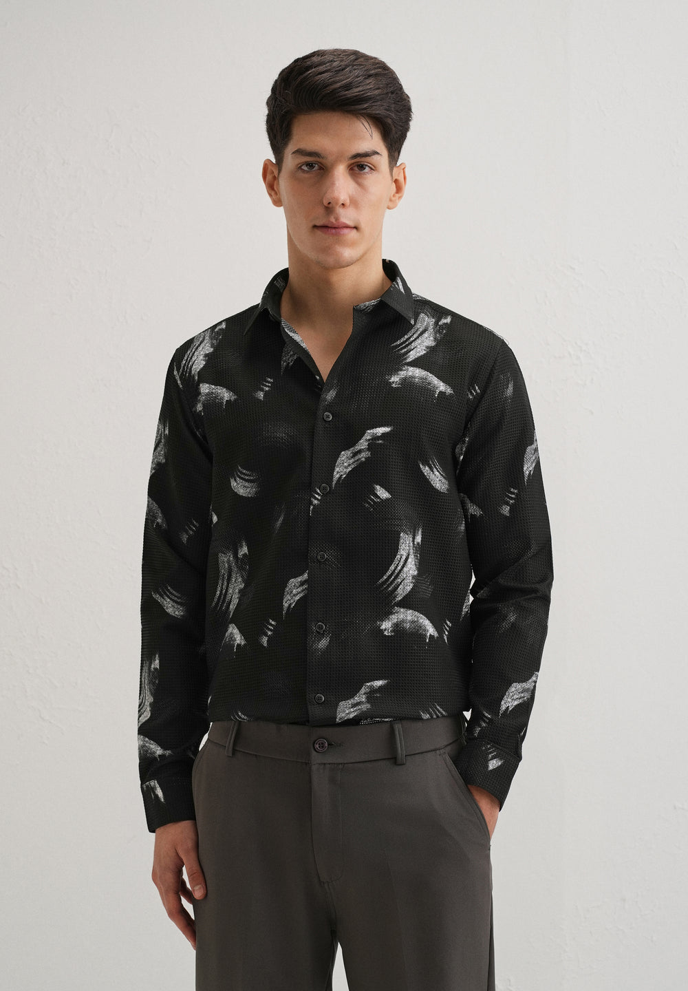 Brush Stroke Waffle Dobby Black Shirt