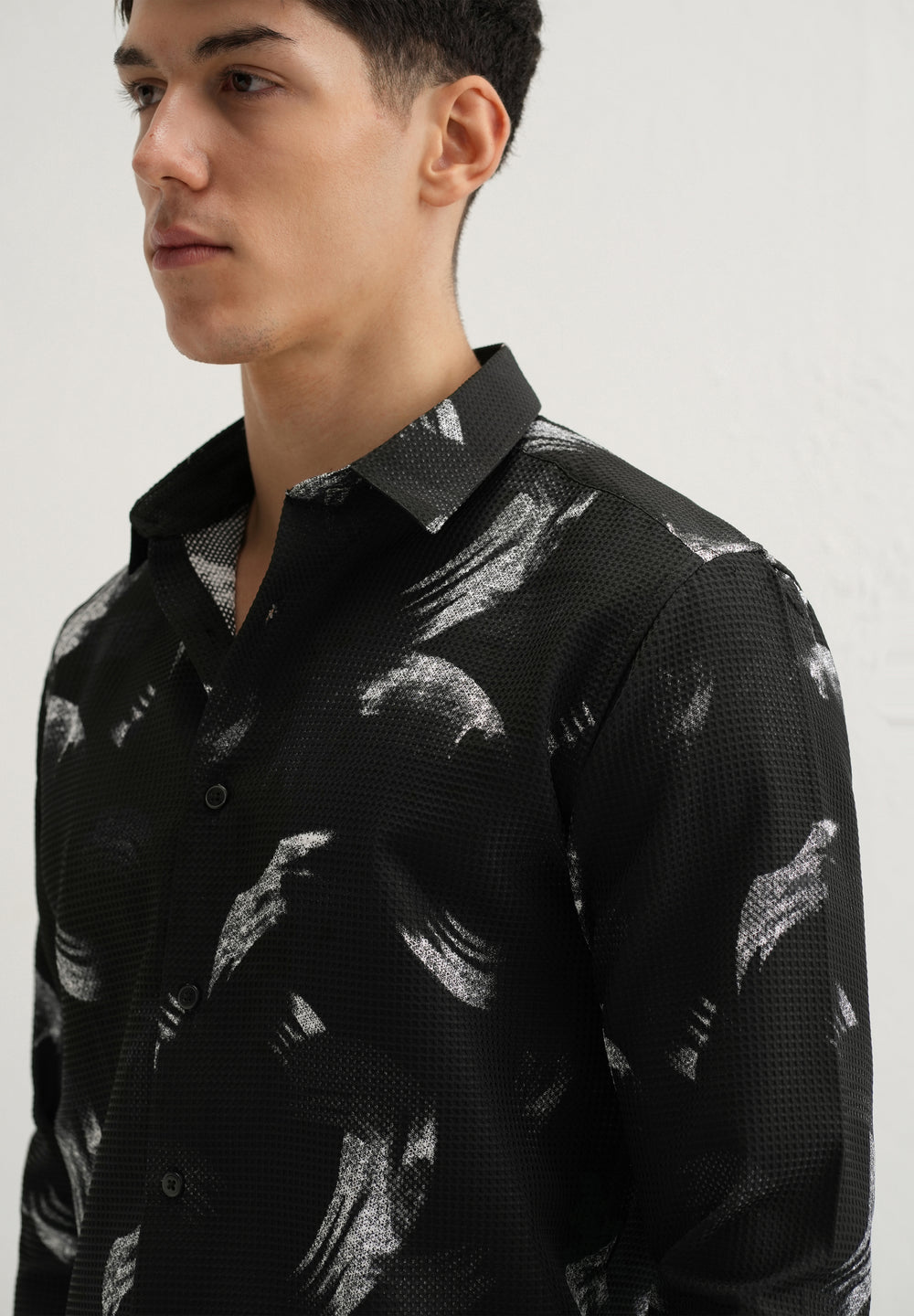 Brush Stroke Waffle Dobby Black Shirt