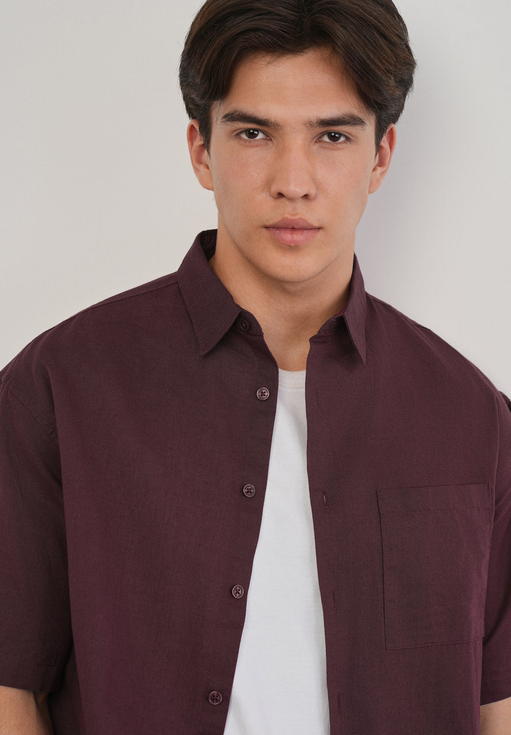 Burgundy Cotton Linen Half Sleeve Shirt