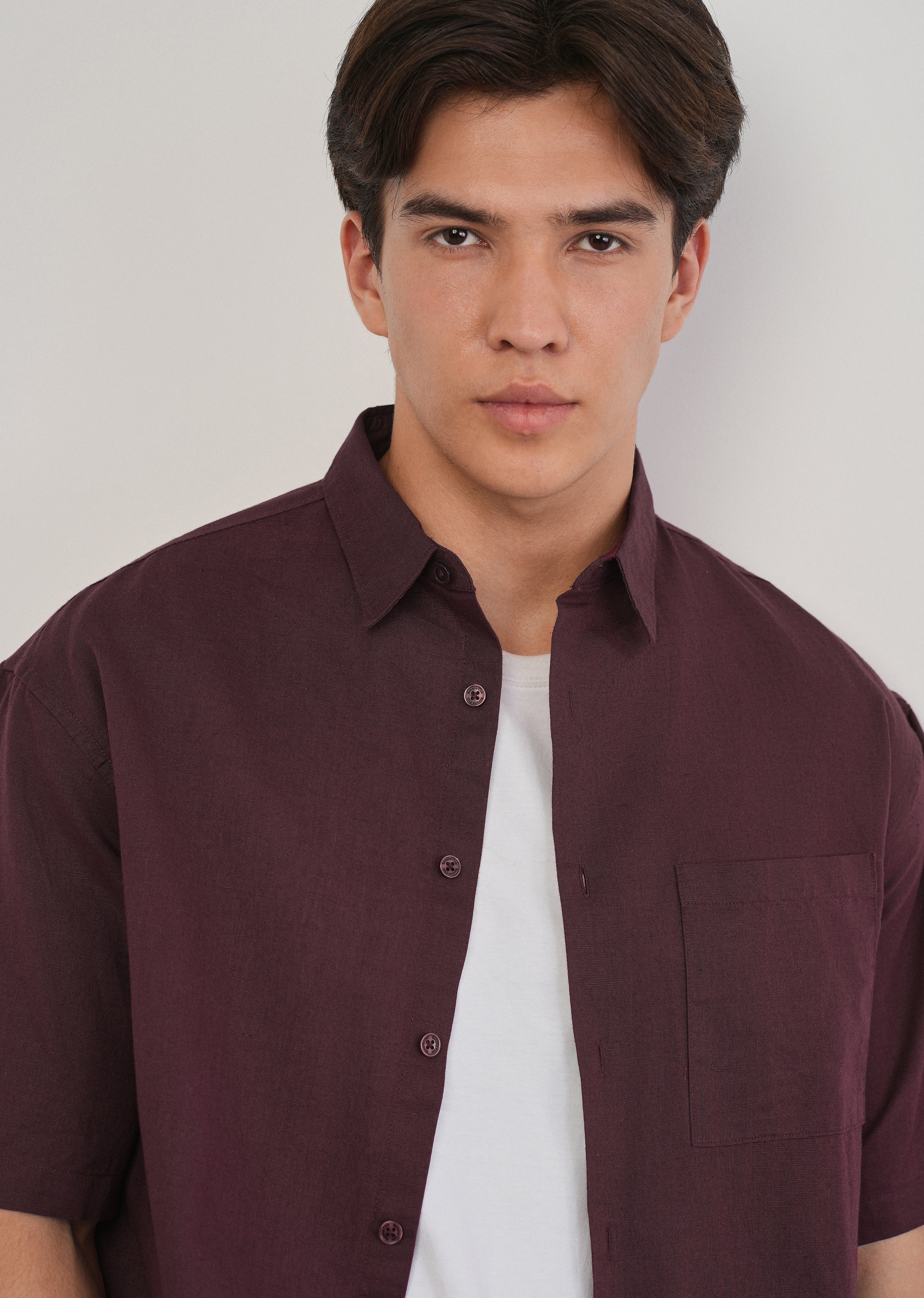 Burgundy Cotton Linen Half Sleeve Shirt
