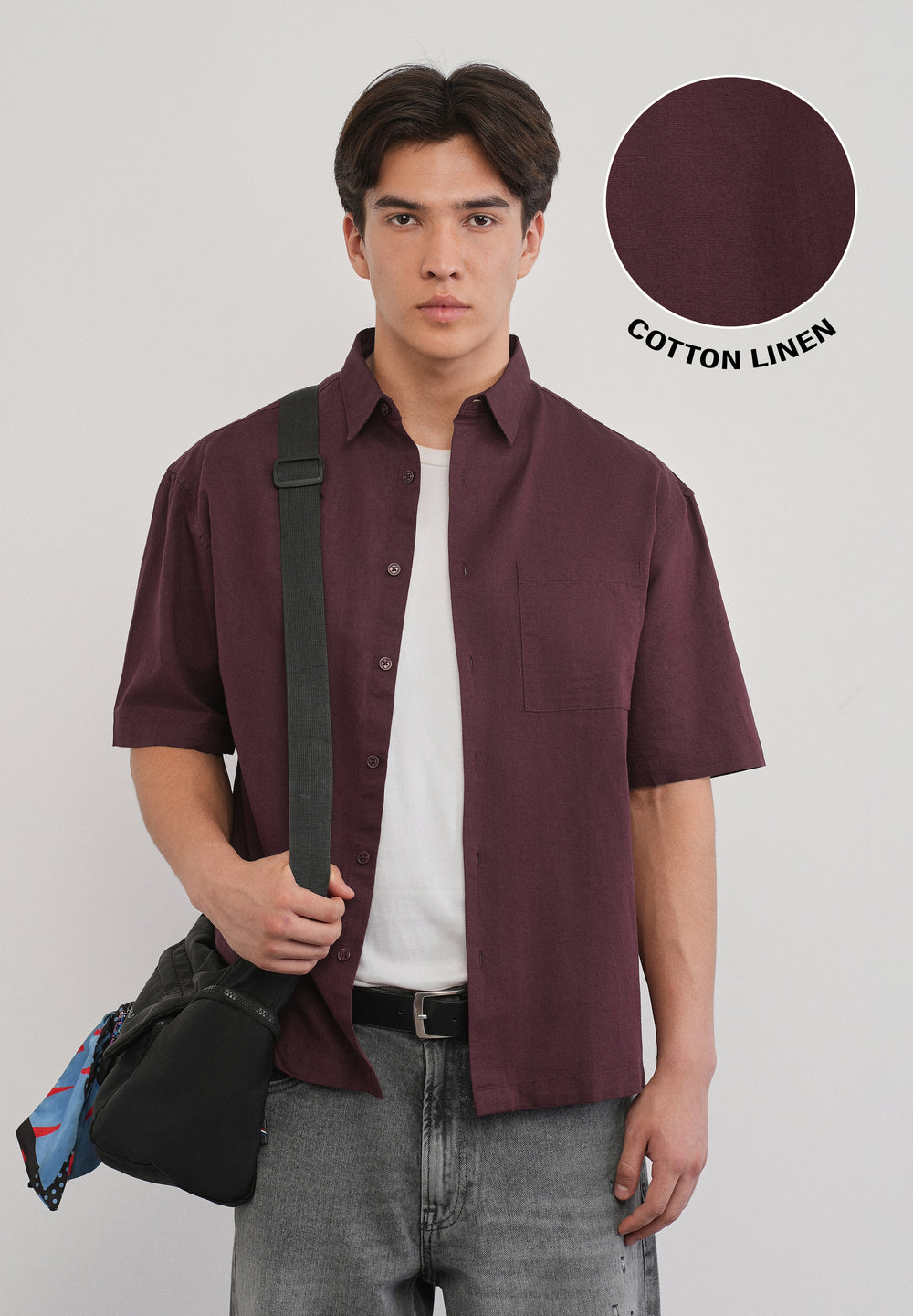Burgundy Cotton Linen Half Sleeve Shirt