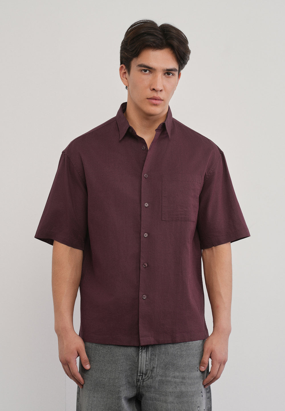 Burgundy Cotton Linen Half Sleeve Shirt