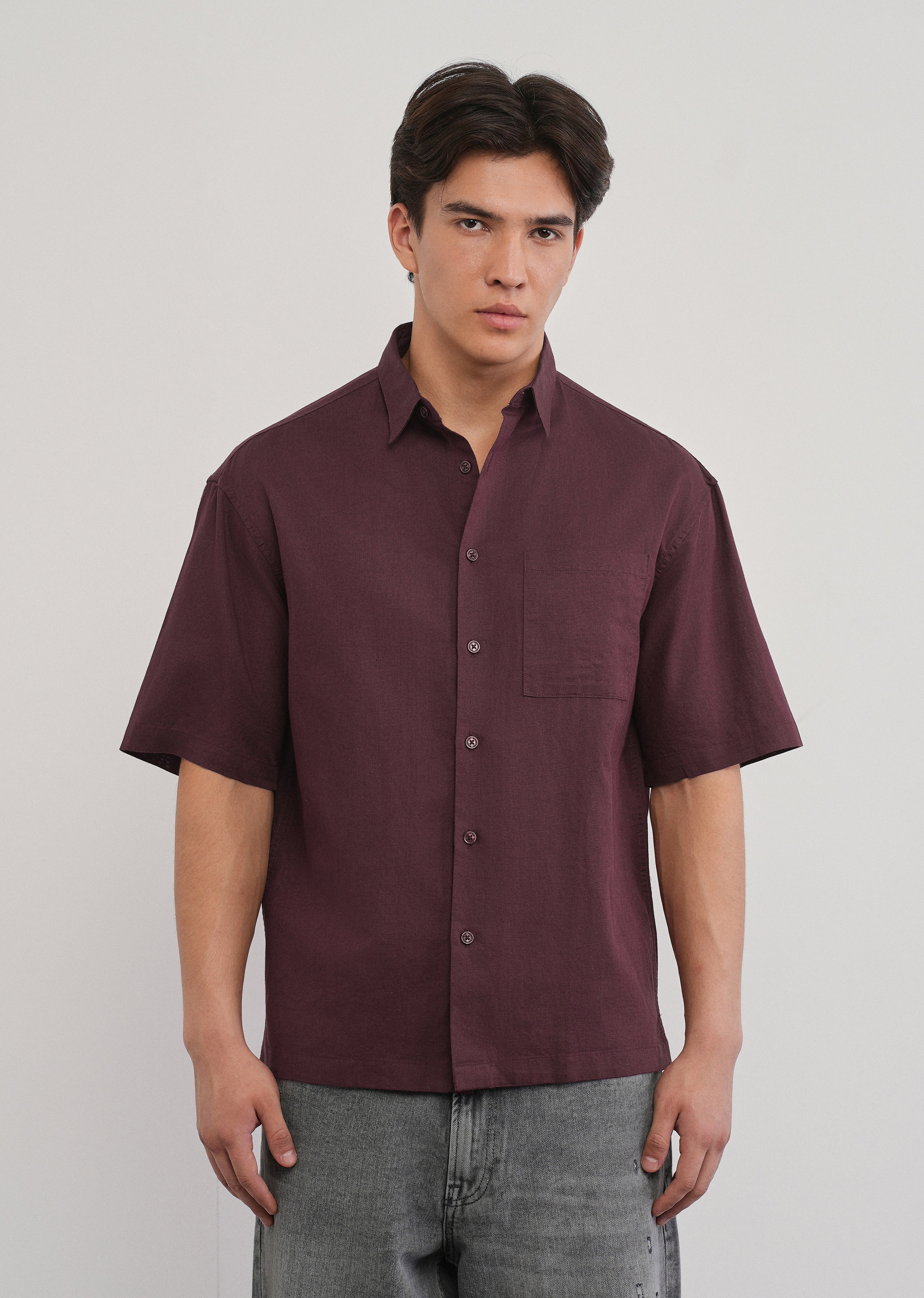 Burgundy Cotton Linen Half Sleeve Shirt