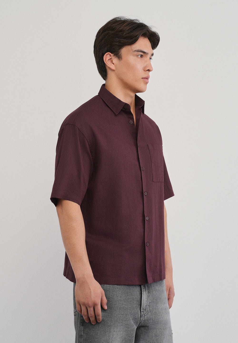 Burgundy Cotton Linen Half Sleeve Shirt