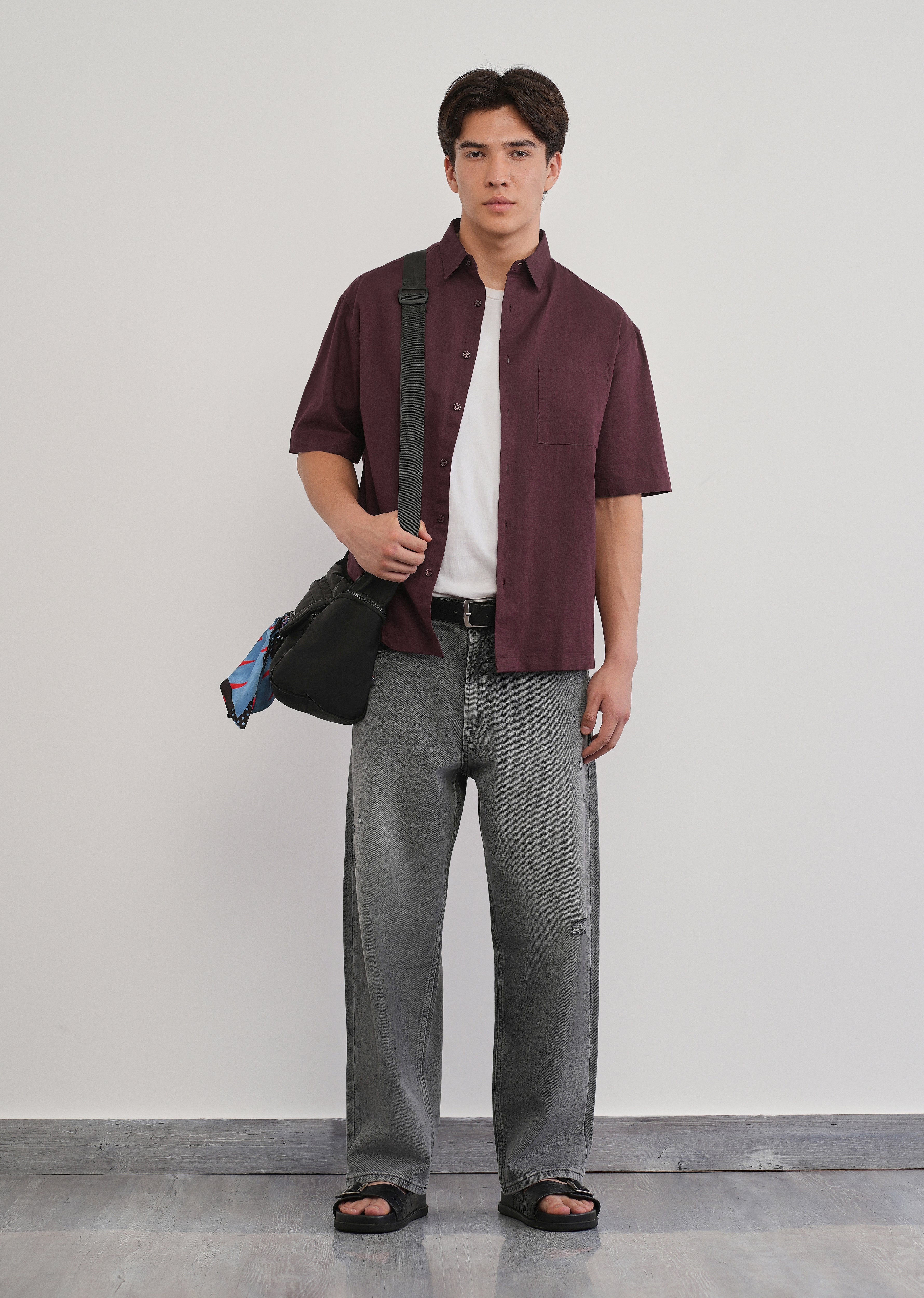 Burgundy Cotton Linen Half Sleeve Shirt