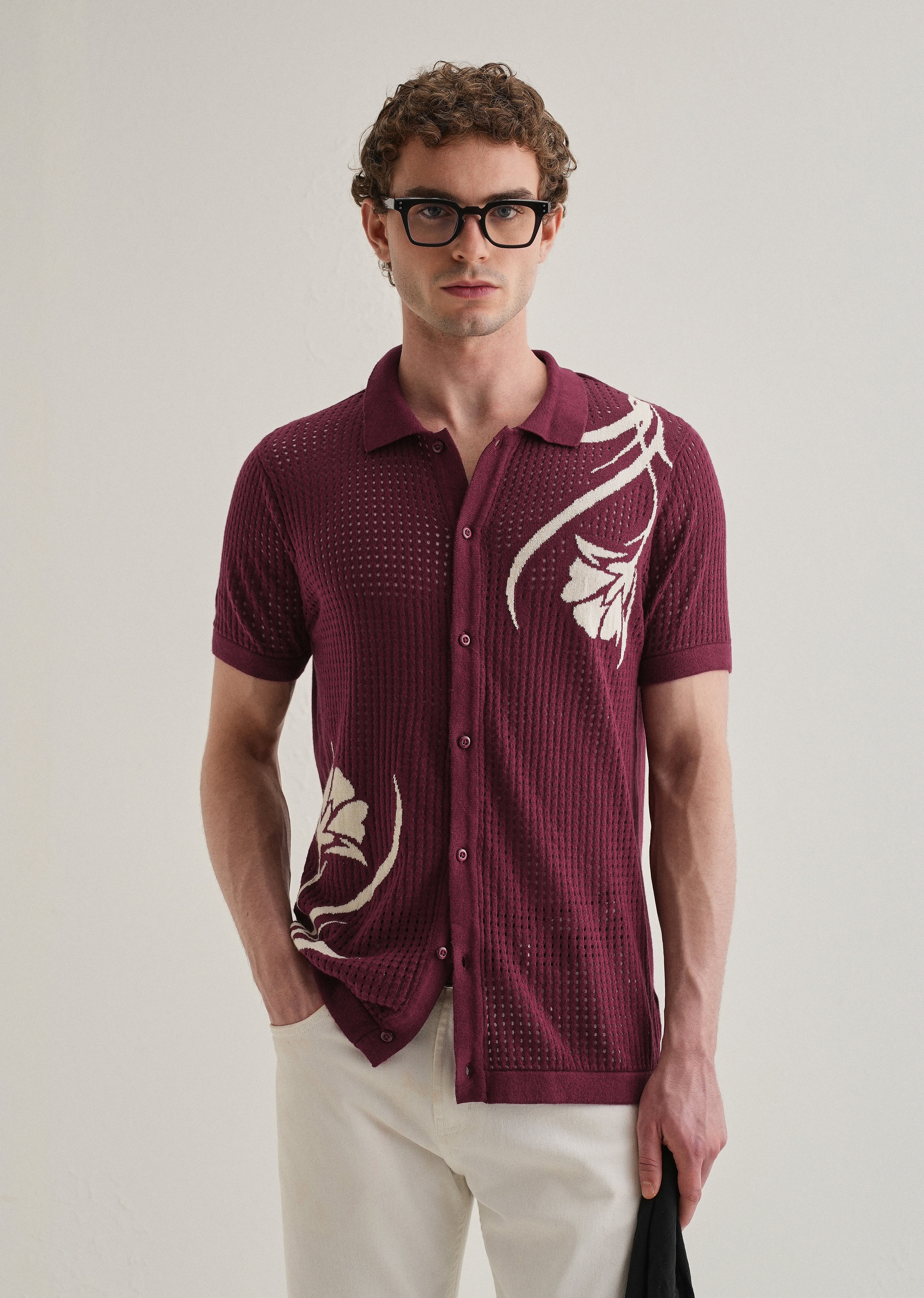Burgundy Floral Open Knit Shirt