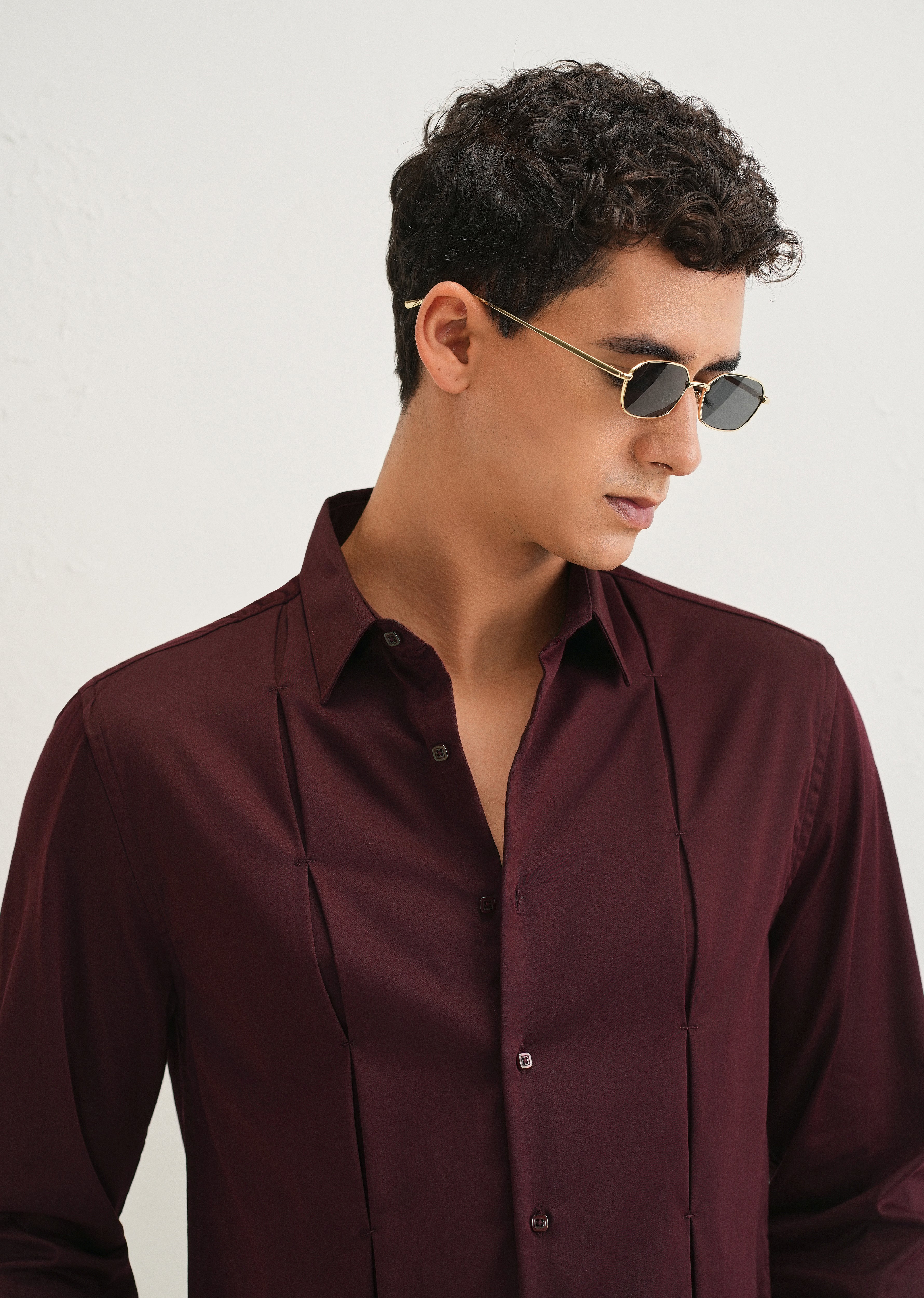 Burgundy Front Panel Open Pleat Shirt