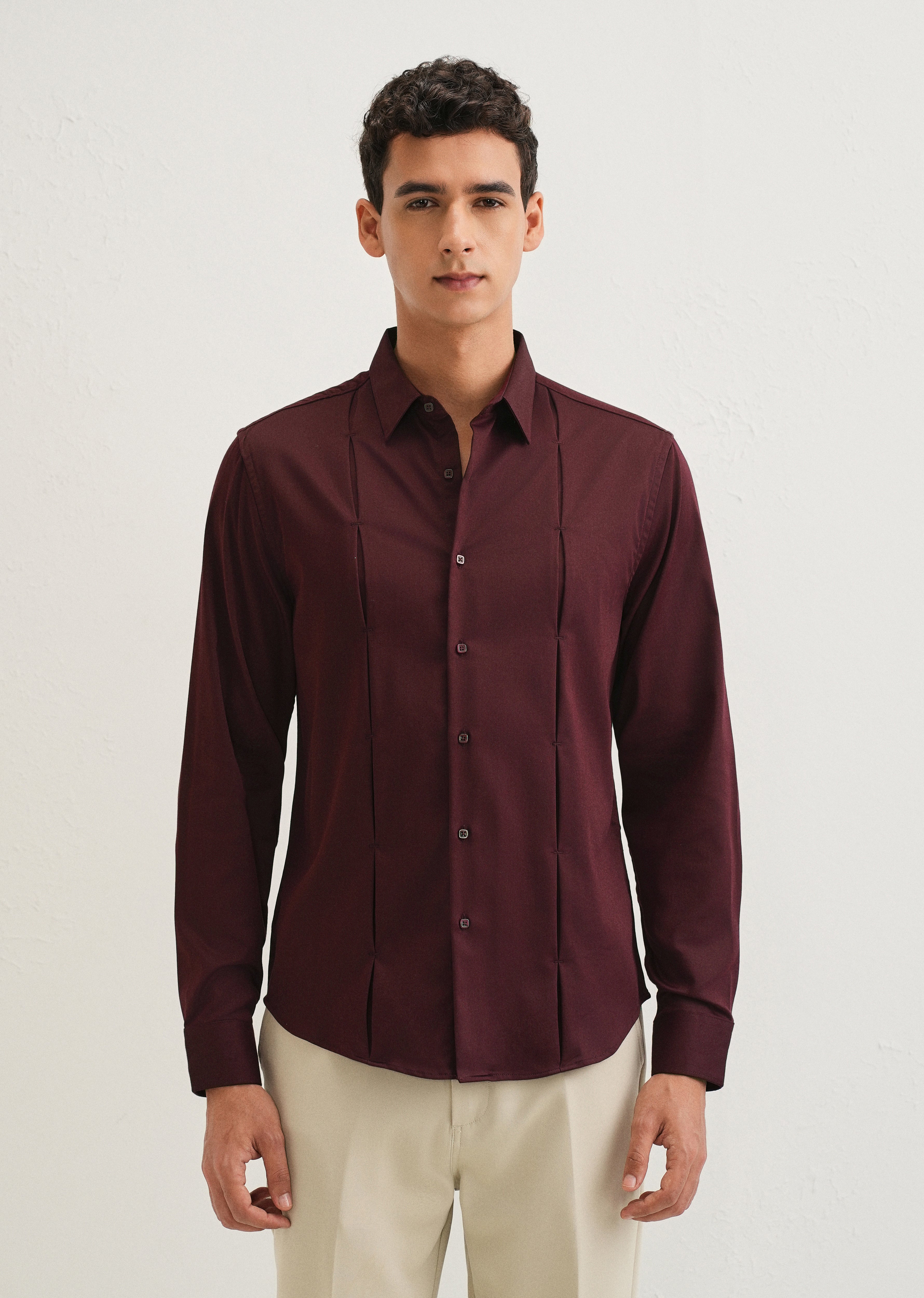 Burgundy Front Panel Open Pleat Shirt