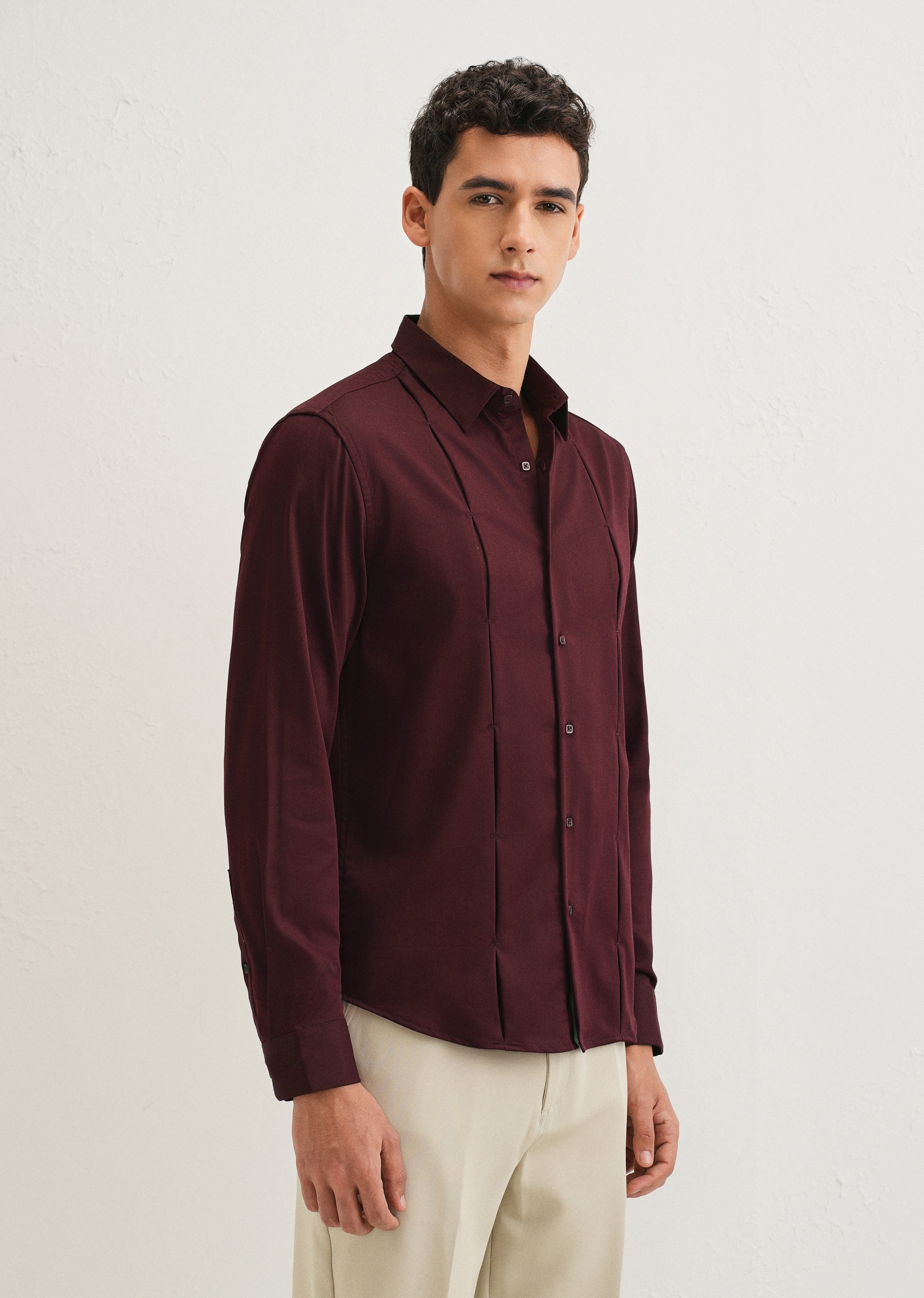 Burgundy Front Panel Open Pleat Shirt