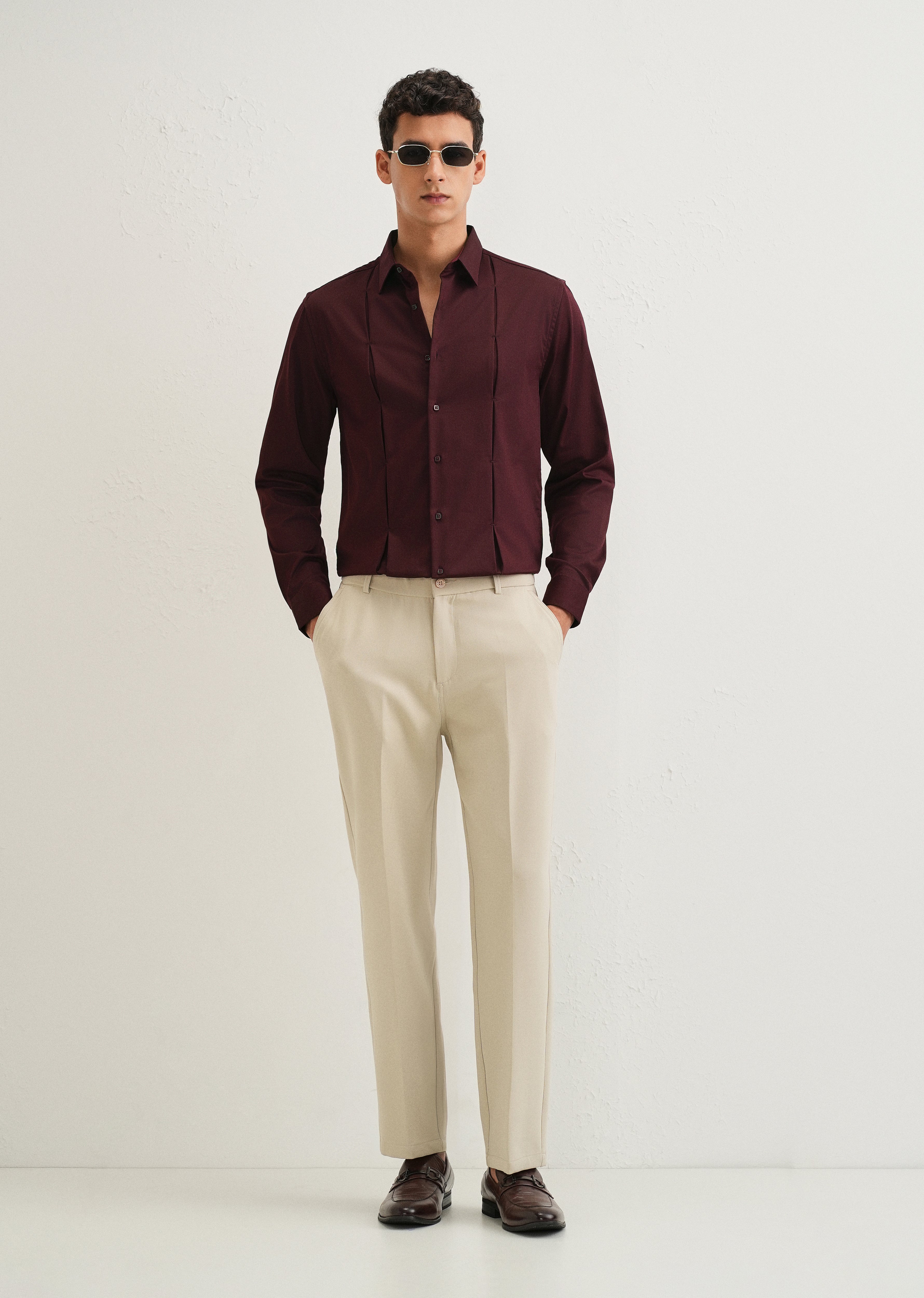 Burgundy Front Panel Open Pleat Shirt