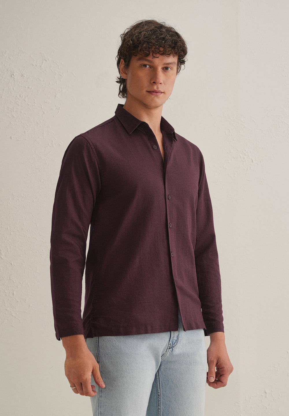 Burgundy Hidden Sleeve Placket Cotton Linen Shirt