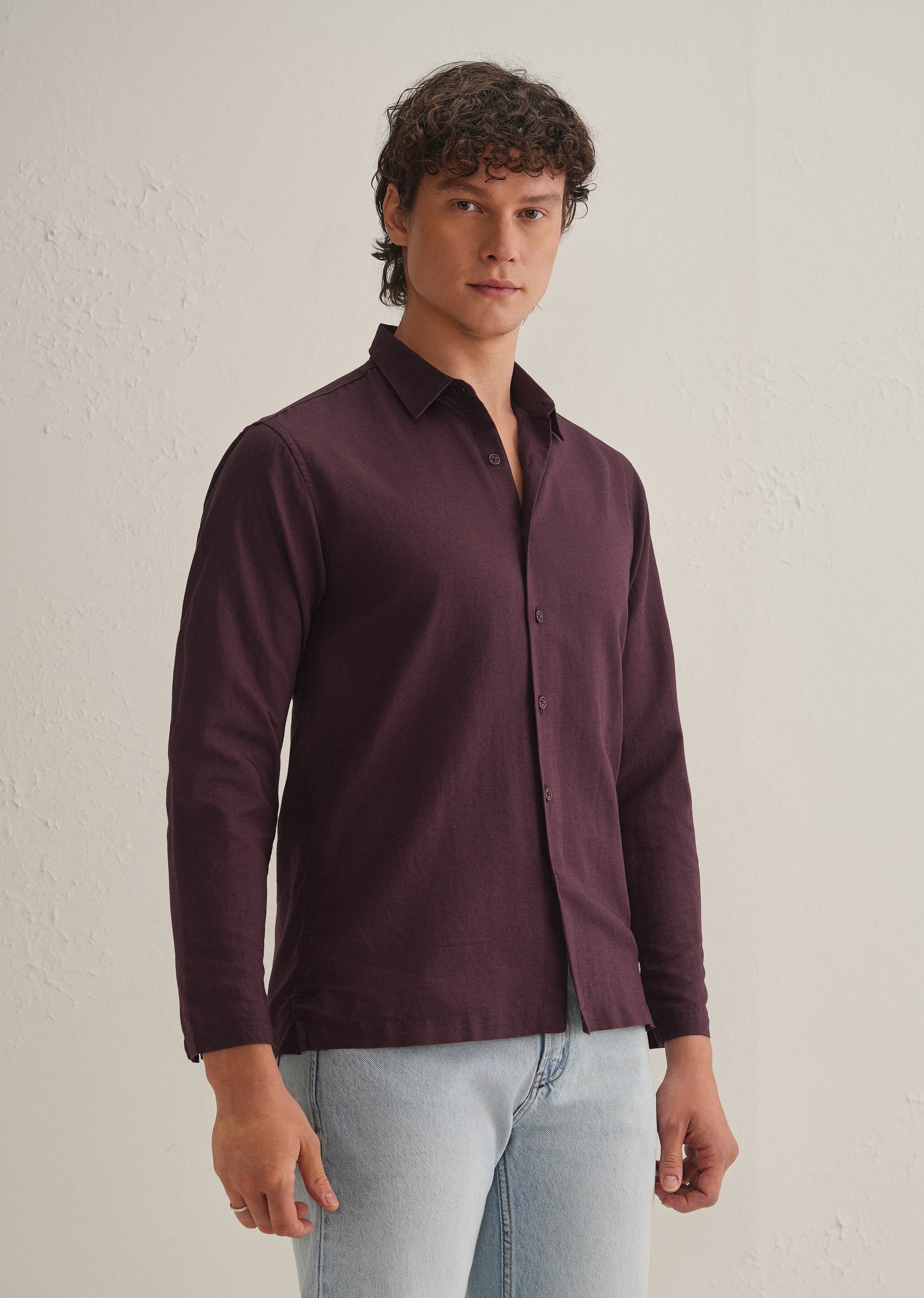 Burgundy Hidden Sleeve Placket Cotton Linen Shirt