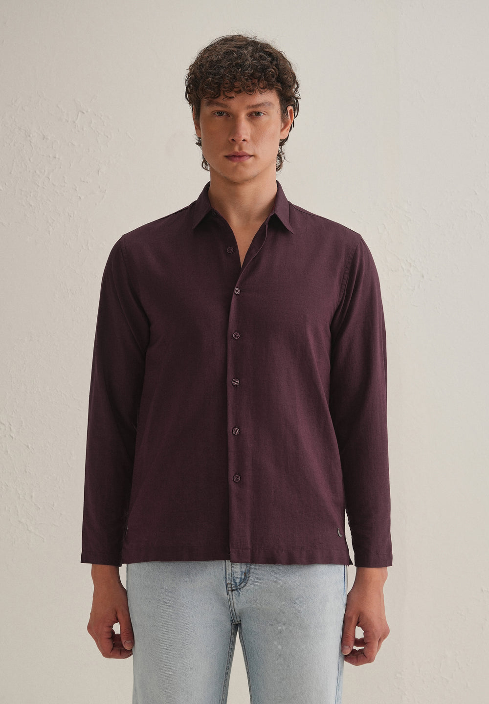 Burgundy Hidden Sleeve Placket Cotton Linen Shirt