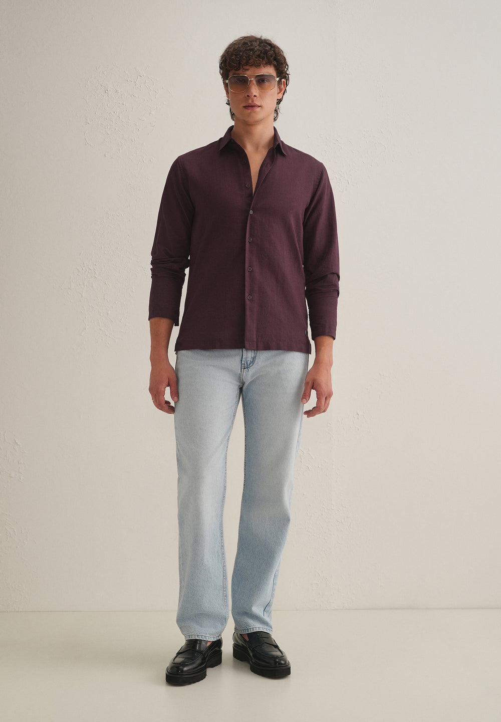 Burgundy Hidden Sleeve Placket Cotton Linen Shirt