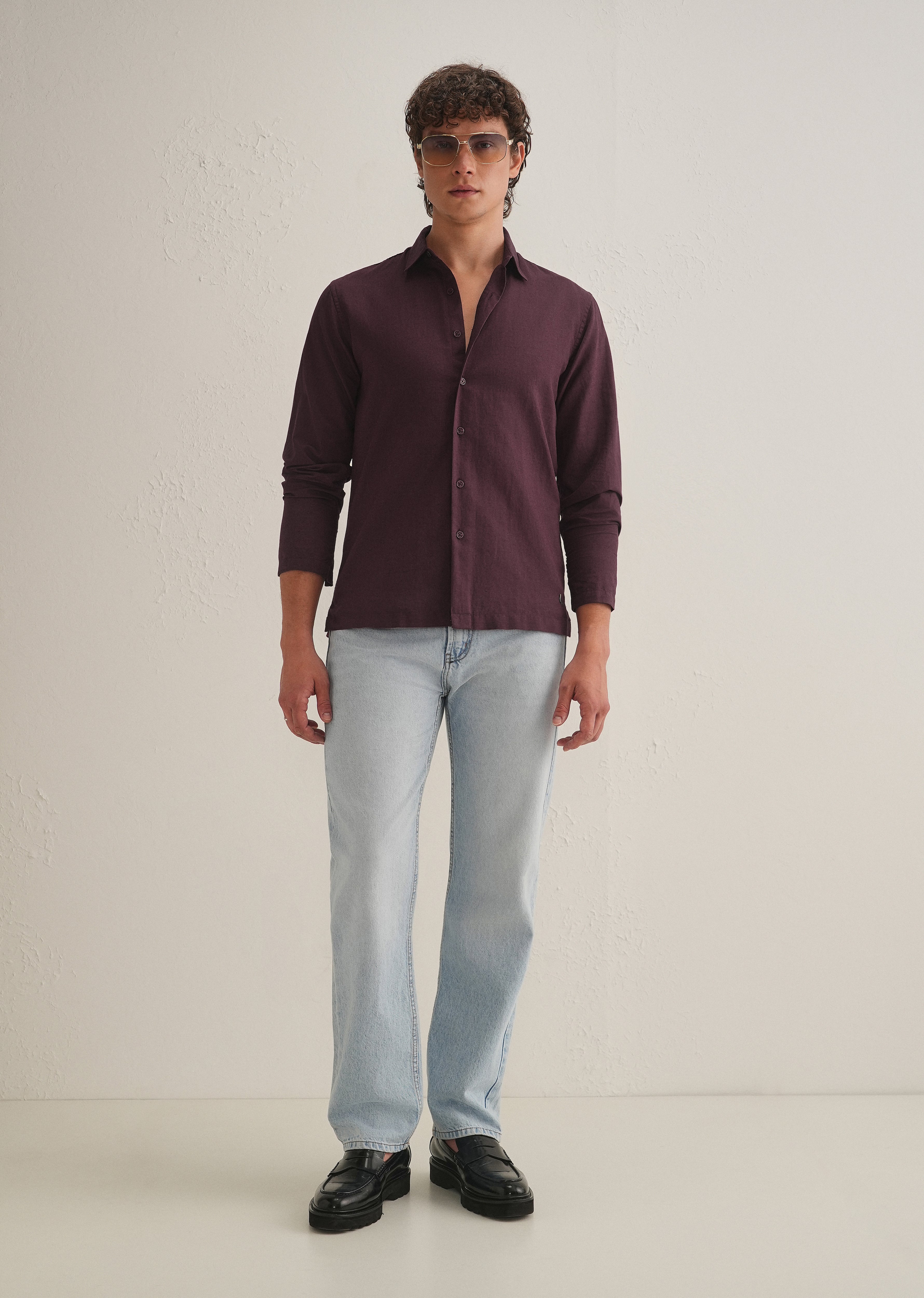 Burgundy Hidden Sleeve Placket Cotton Linen Shirt