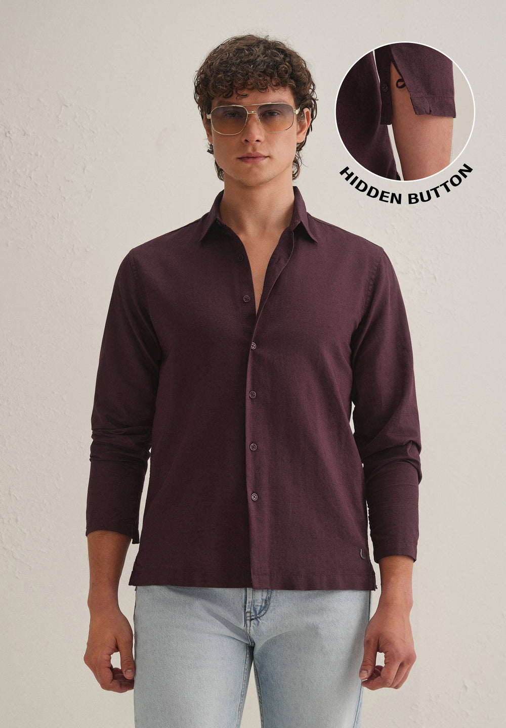 Burgundy Hidden Sleeve Placket Cotton Linen Shirt