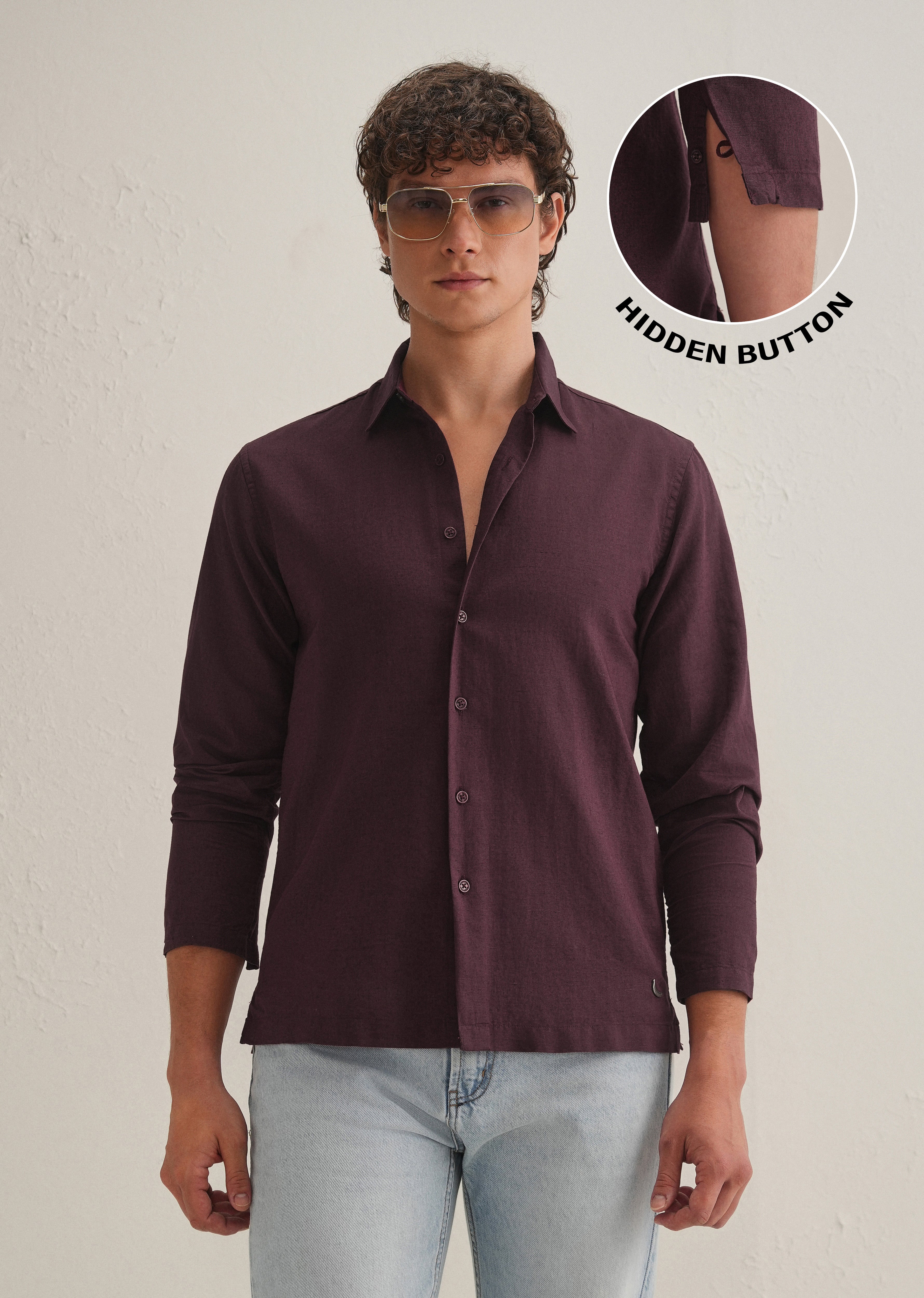 Burgundy Hidden Sleeve Placket Cotton Linen Shirt
