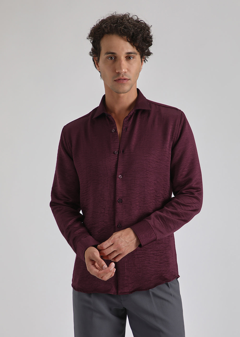 Burgundy Red Crushed Satin Shirt