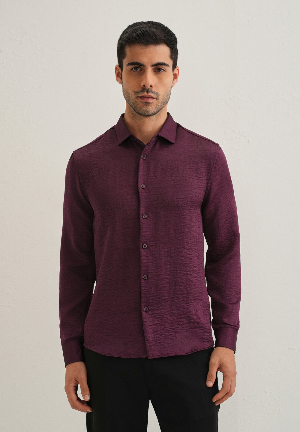 Burgundy Red Plain Crushed Satin Shirt