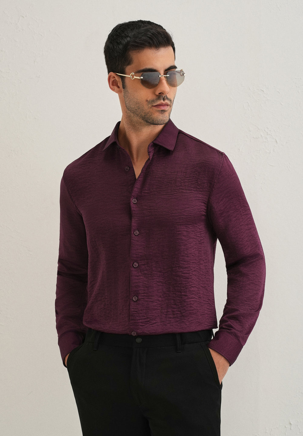 Burgundy Red Plain Crushed Satin Shirt