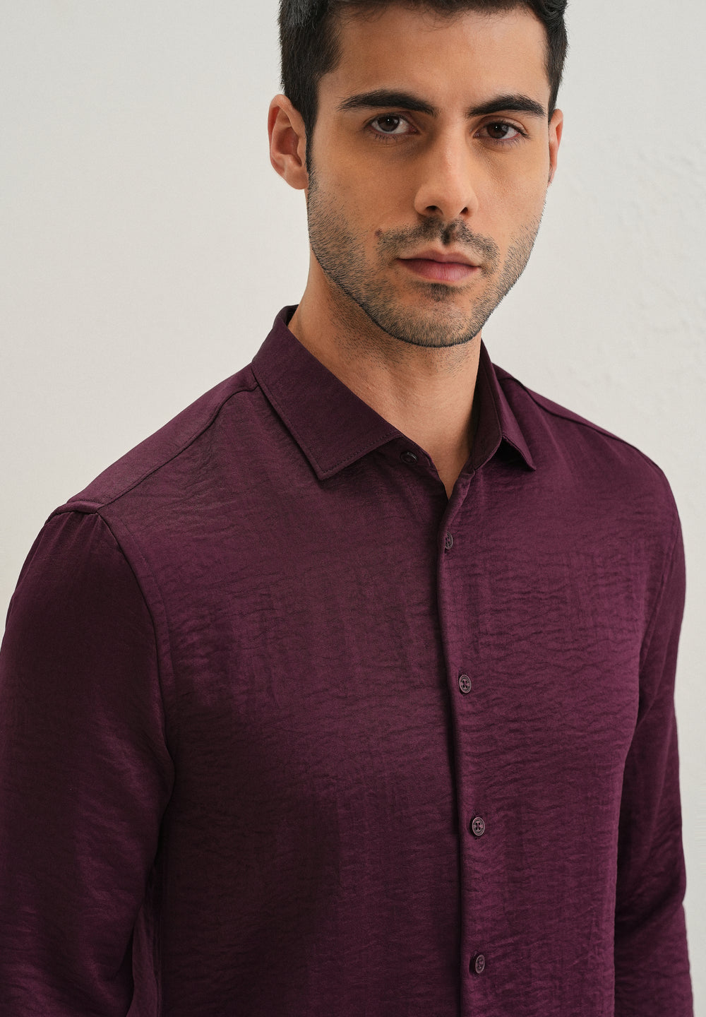 Burgundy Red Plain Crushed Satin Shirt