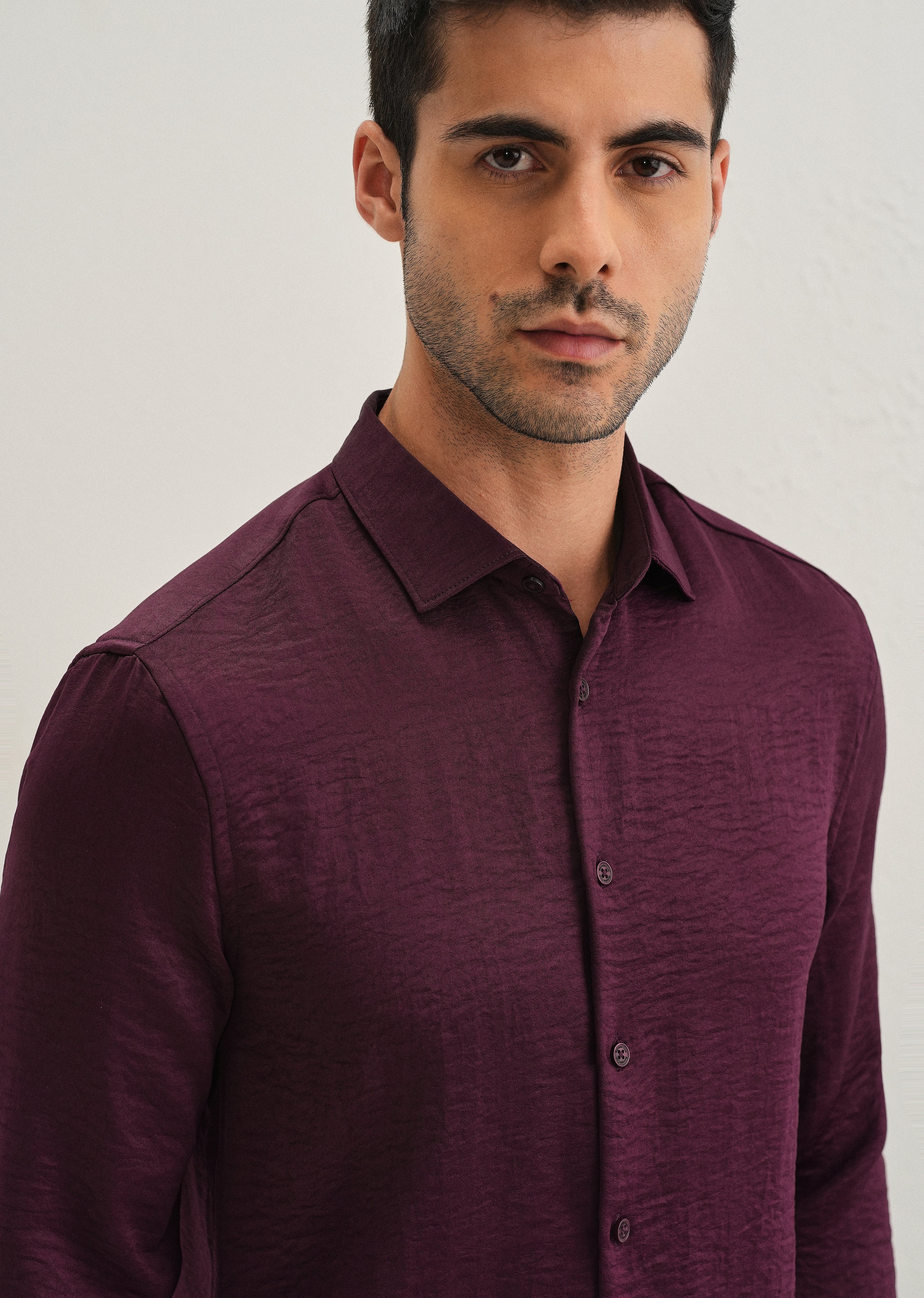 Burgundy Red Plain Crushed Satin Shirt