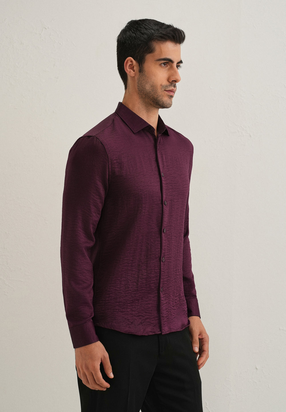 Burgundy Red Plain Crushed Satin Shirt