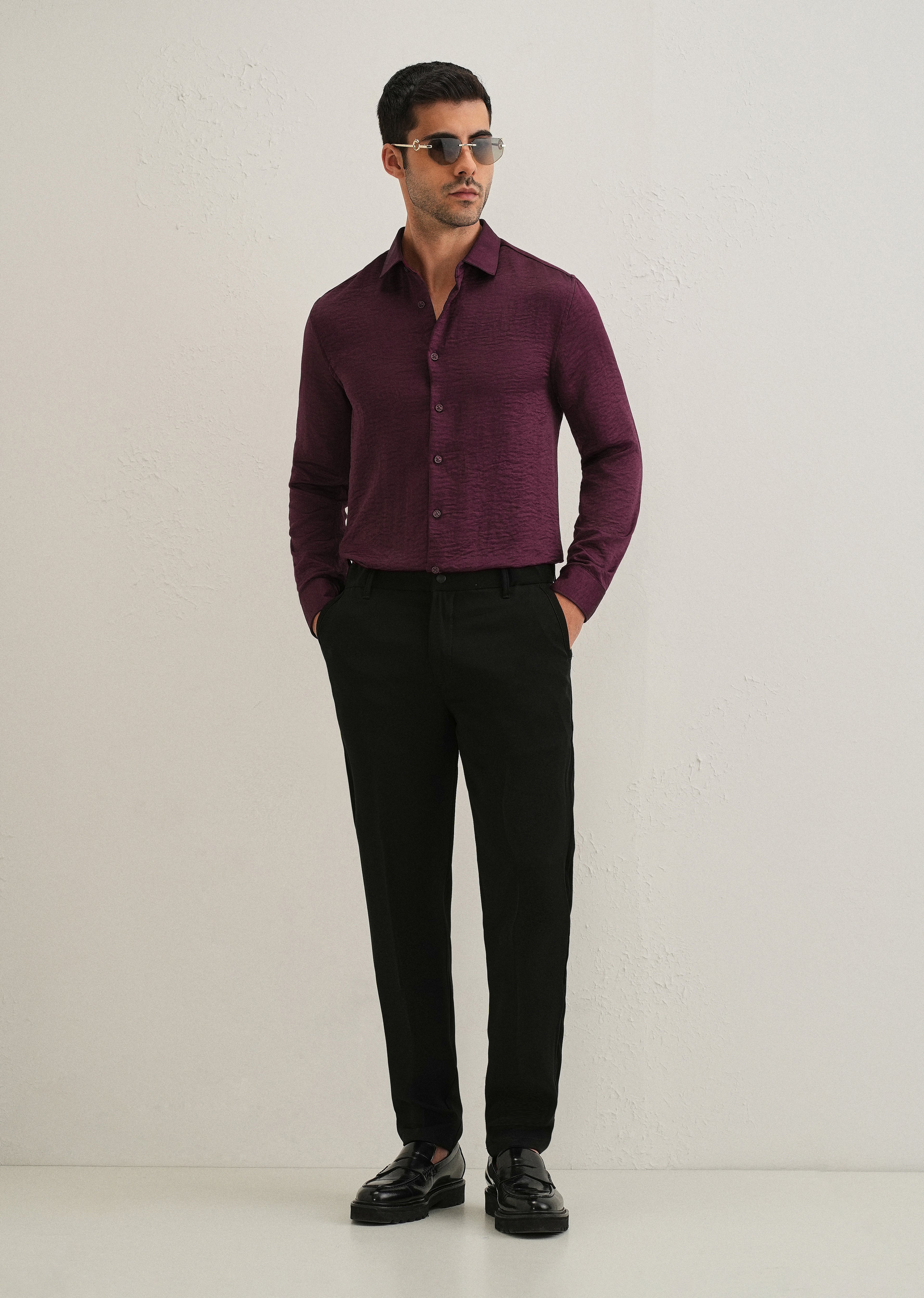 Burgundy Red Plain Crushed Satin Shirt