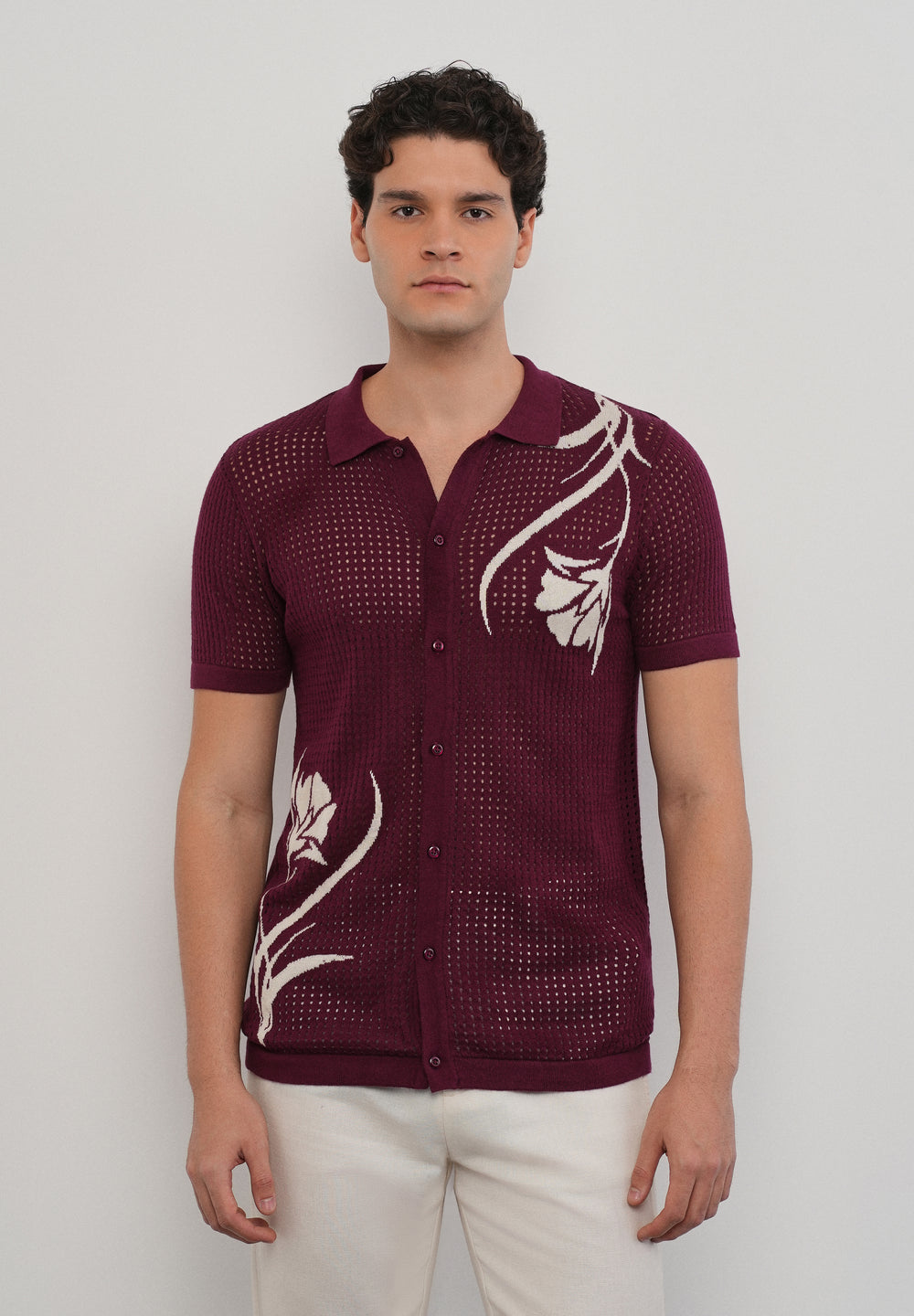 Burgundy Floral Open Knit Shirt