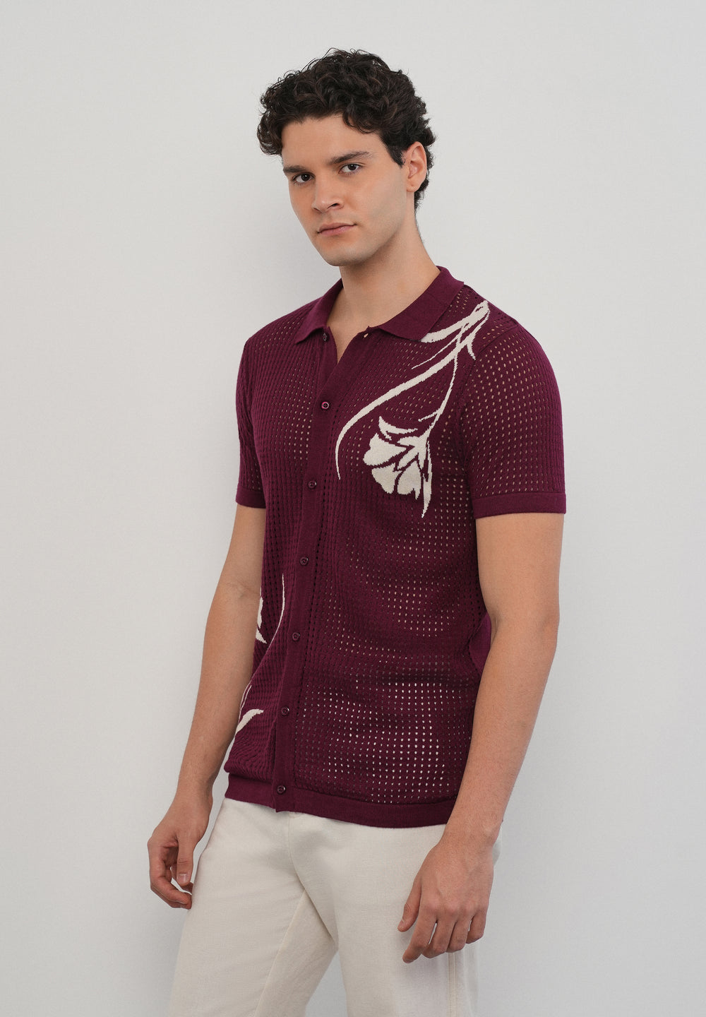 Burgundy Floral Open Knit Shirt