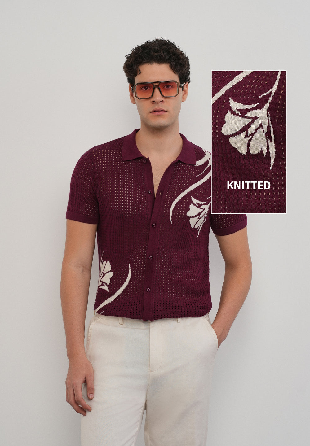 Burgundy Floral Open Knit Shirt